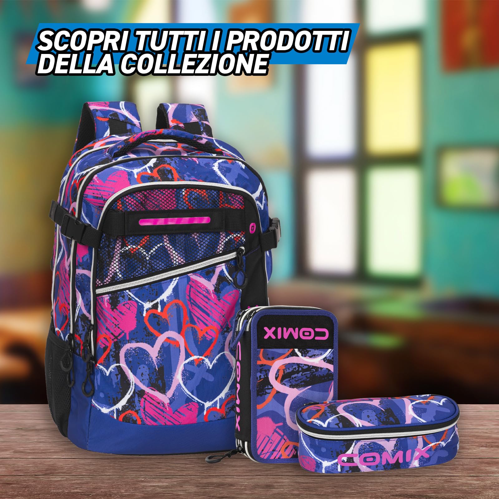 COMIX WBS - Zaino Scuola Media, Elementare e Superiore, 2 Vani Principali, 2 Tasche Frontali, Schienale Imbottito, Spallacci Imbottiti e Regolabili, Maniglia Imbottita, 32x44,5Hx20 cm, Sprayheart