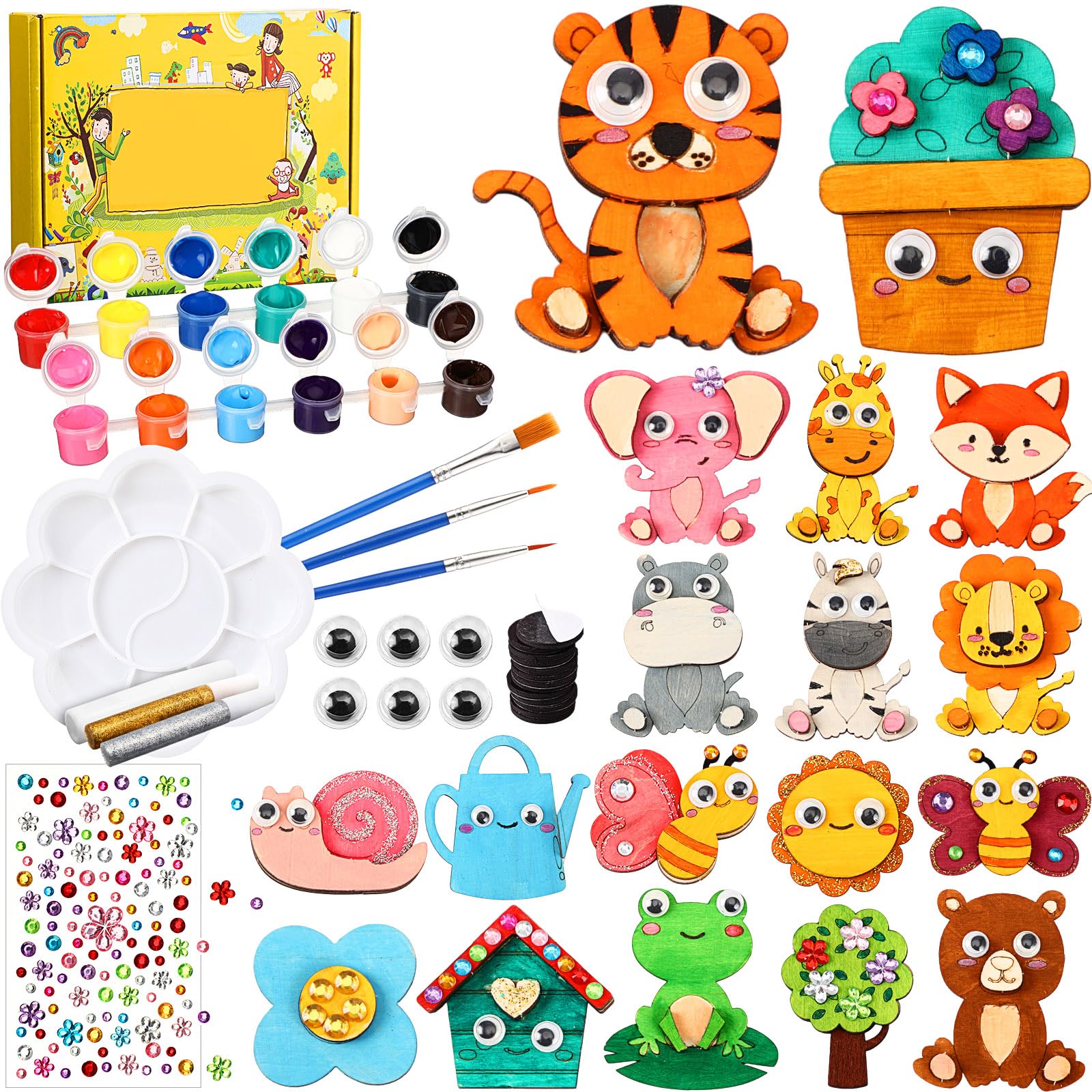 Relaxweex 18 Pcs DIY Wooden Magnets Painting Kit Paint Your Own Forest Animals Art and Craft Spring Supplies Easter Coloring Activities for Family