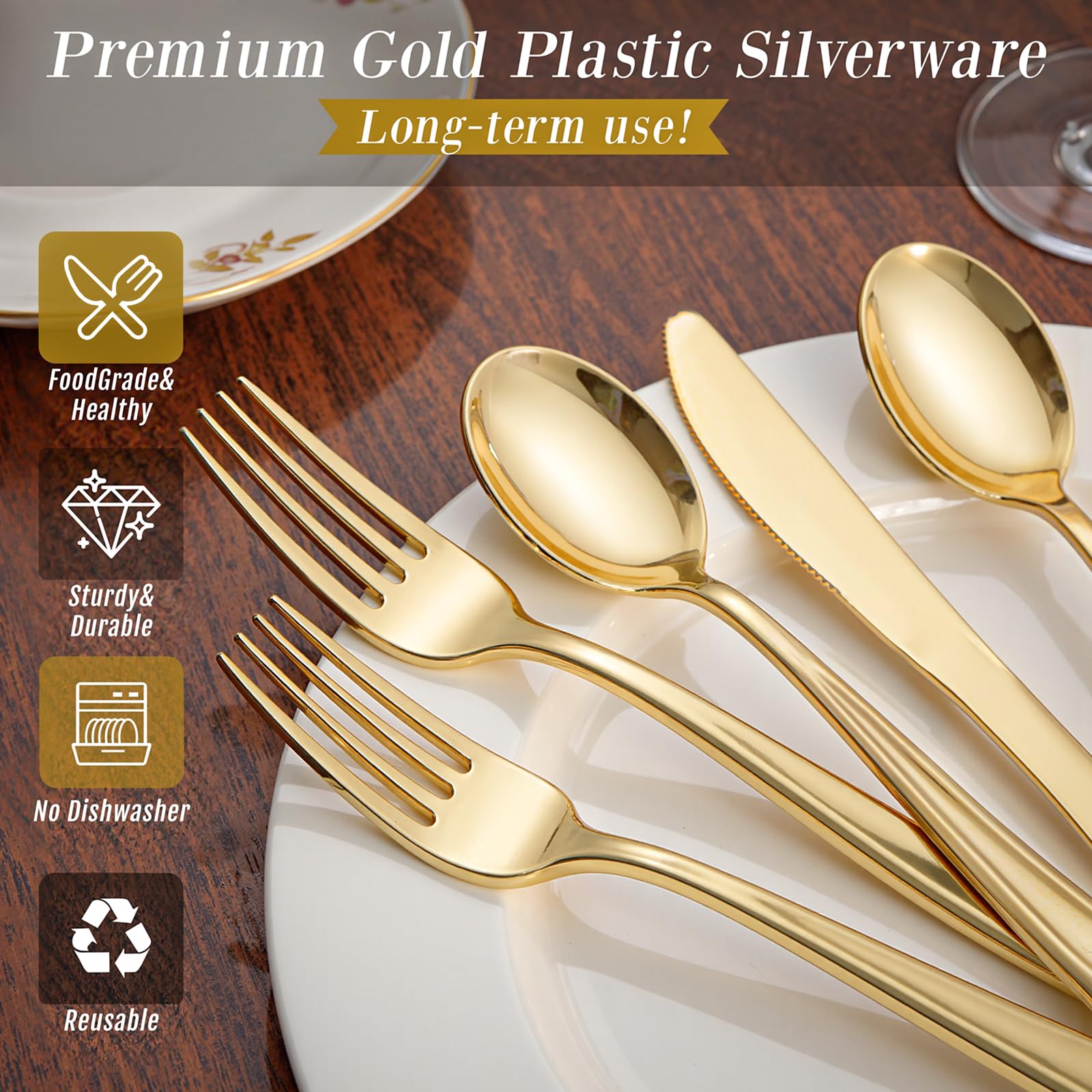 WDF300 Pieces Gold Plastic Silverware - Heavy Duty Disposable Gold Cutlery Set Plastic Gold Silverware Set Plastic Includes 100 Forks, 100 Spoons, 100 Knives for Party