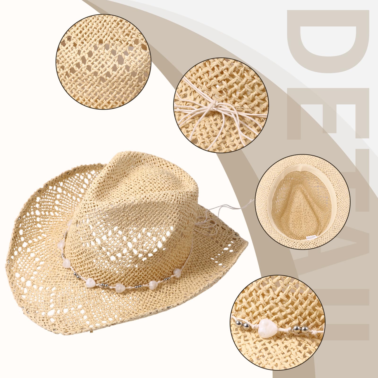 JewelryWe Boho Strohhut Sonnenhut für Damen, Western Cowboyhut mit 2 austauschbaren Schmuckketten Atmungsaktiver Strandhut UV Schutz Sommerhut mit Krempe für Strand