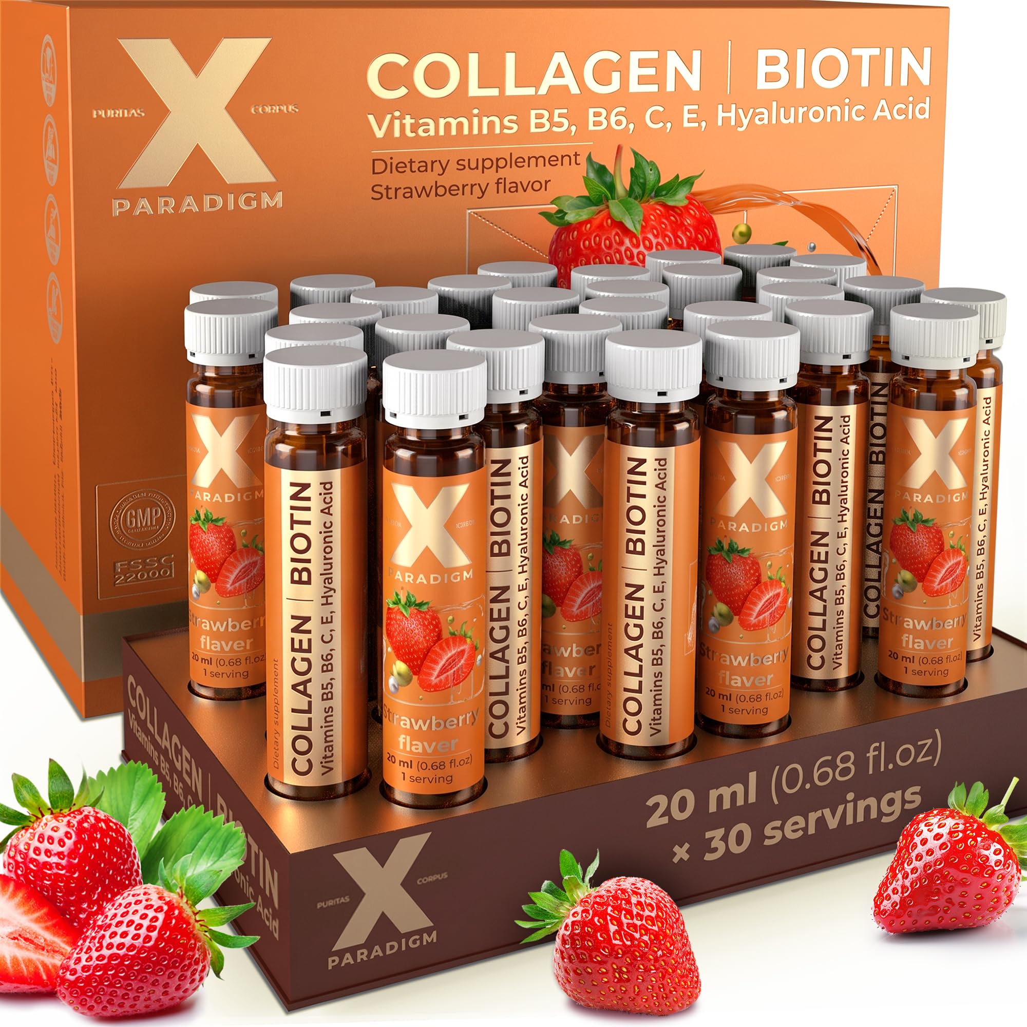 Liquid Collagen Peptides with Biotin & Hyaluronic Acid, Strawberry flavor