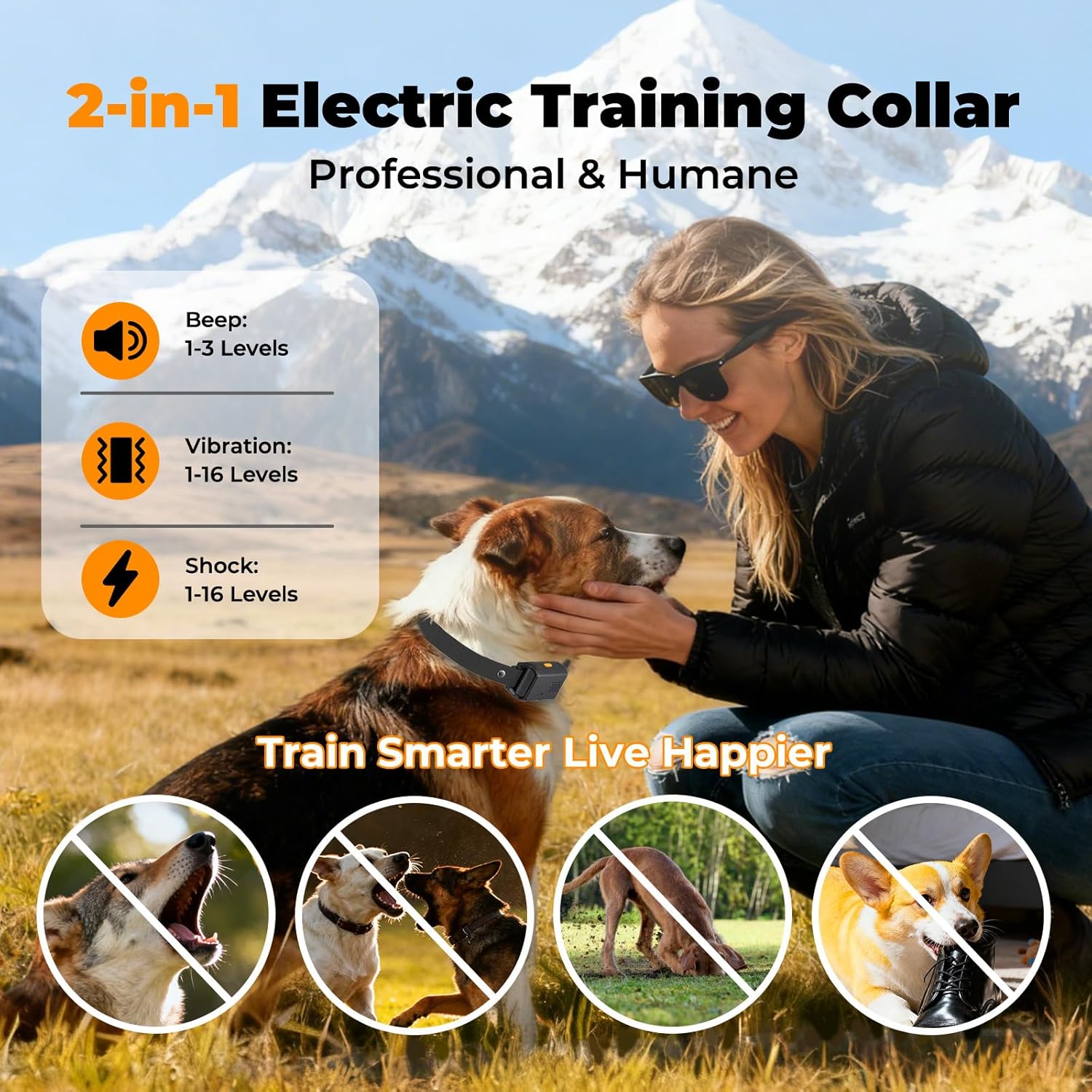 2-in-1 Dog Shock Collar with Remote Control and Automatic Bark Mode - Electric Training Smart Anti Barking Collars for Small Medium Large Dogs E-Collar (5-150Lbs) Waterproof