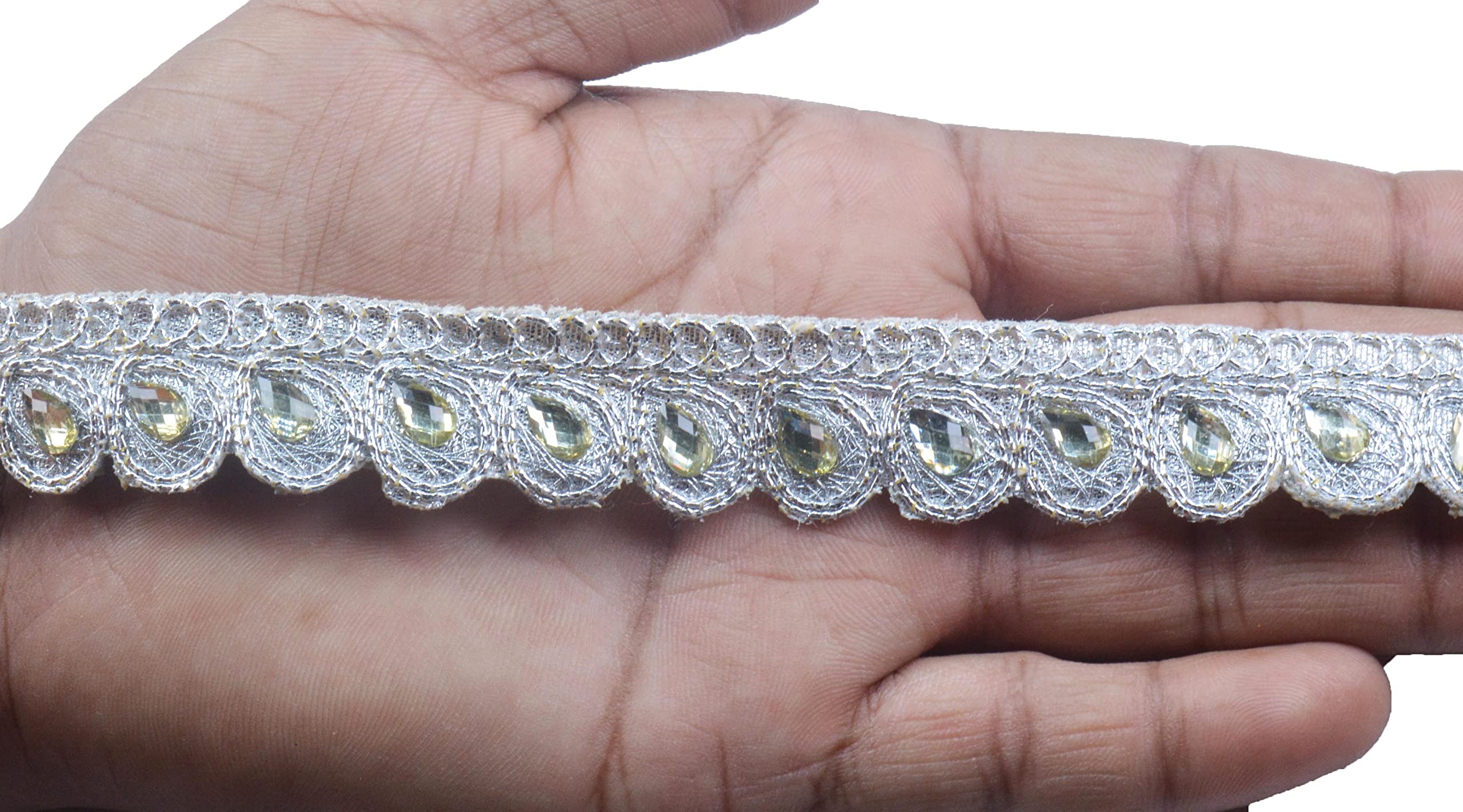 CRAFTLOVEKundan Stone Colorful Leaf Buta Flower Colorful Lace and Border Material 9.2 Yards / 8.5 Mtr for Duapatta, Lehenga, Saree, Palazzo, Anarkali Suits (Width : 2cm) (Silver)