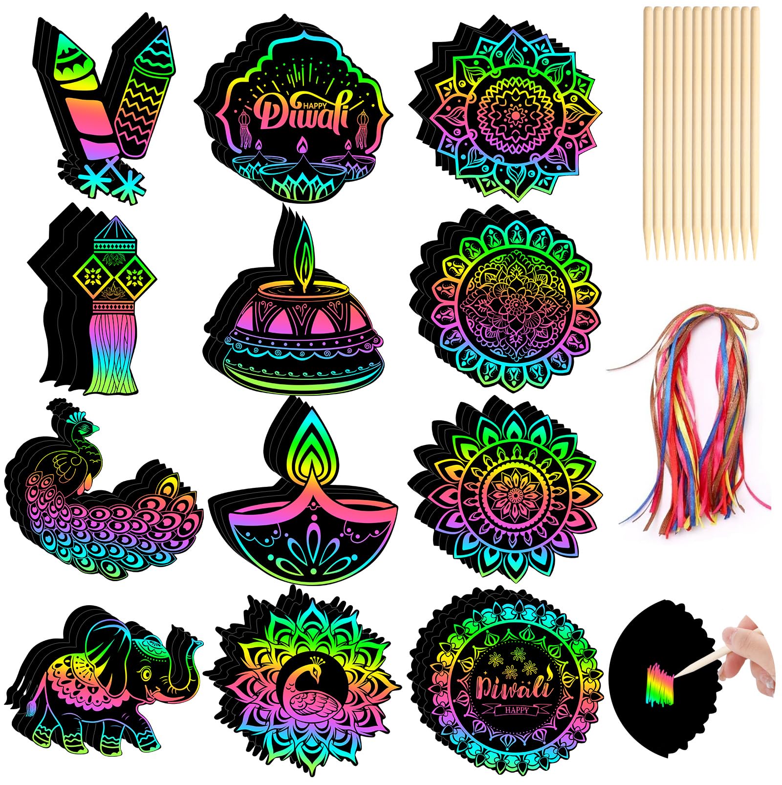 JULMELON 36 Pcs Diwali Scratch Art Rainbow Scratch Paper Craft Kits Hanging Diwali Ornaments Crafts for Party Favors Bag Fillers