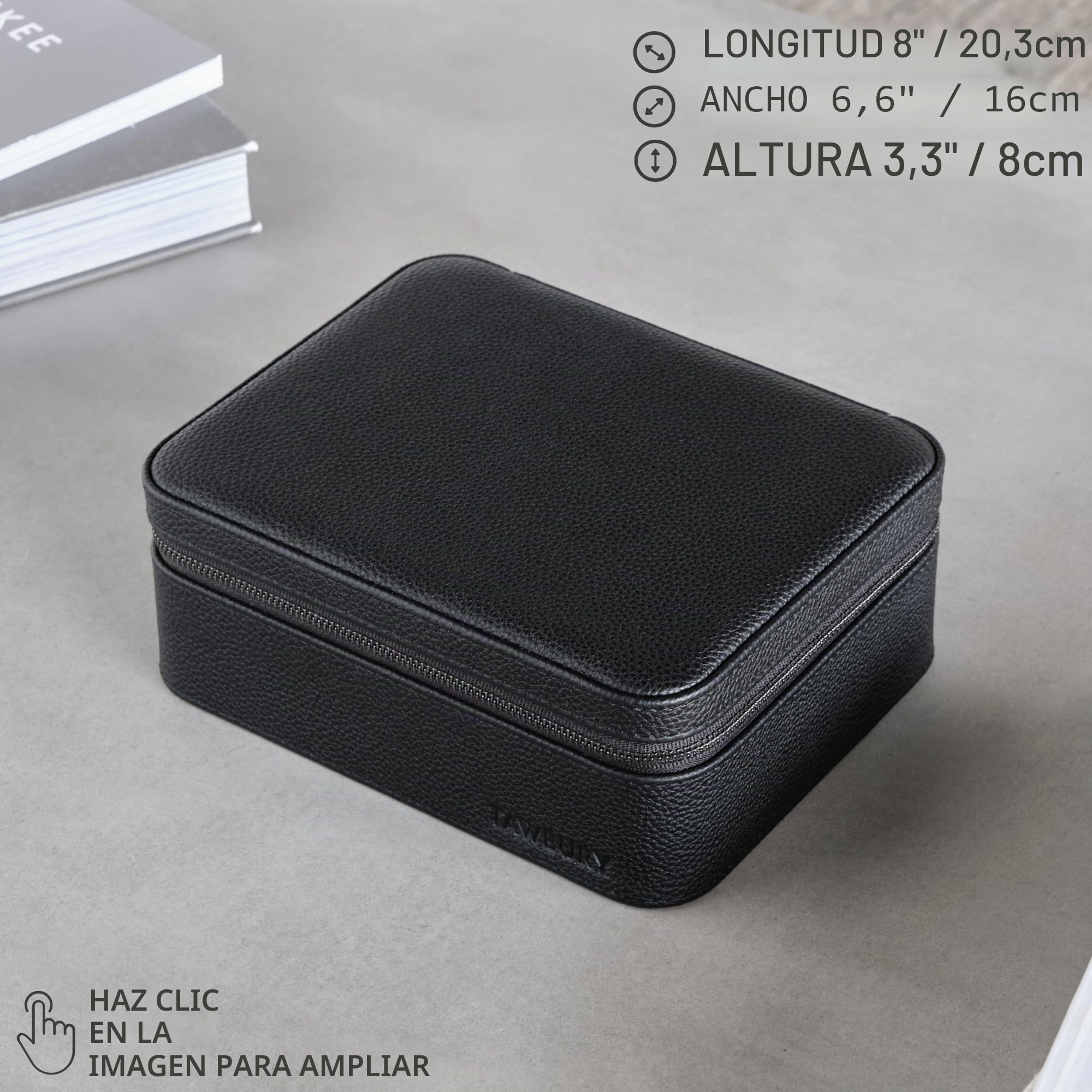TAWBURY Estuche de Reloj de 3 Ranuras Con Almacenamiento - Funda de Viaje de Cuero de Lujo Para Hombre - Soporte de Reloj Negro