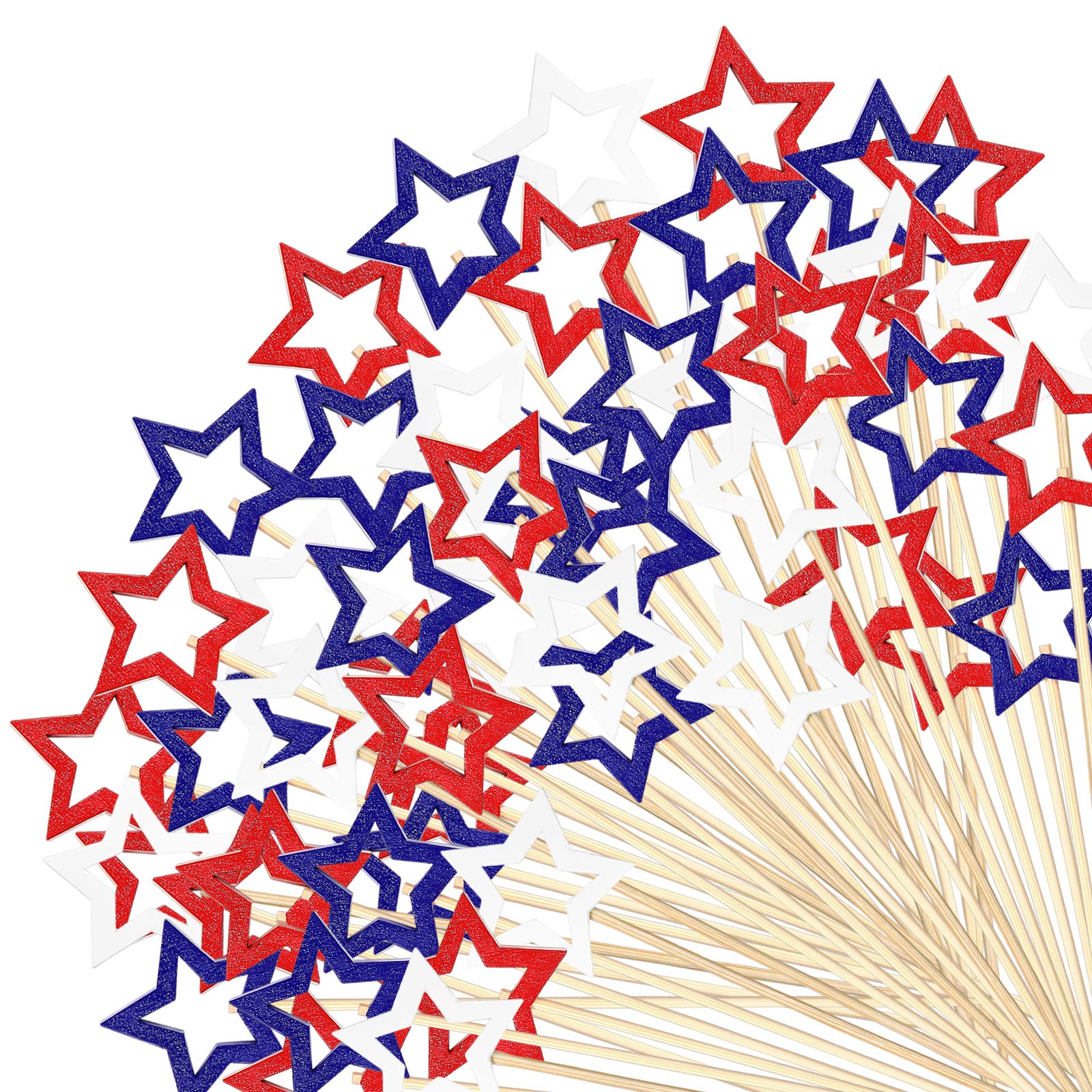 Lallisa 120 Pcs 4th of July Patriotic Star Cocktail Picks 5. 1 Inch Long Red White Blue Fancy Bamboo Toothpicks for Appetizers Cupcake Toppers Skewers