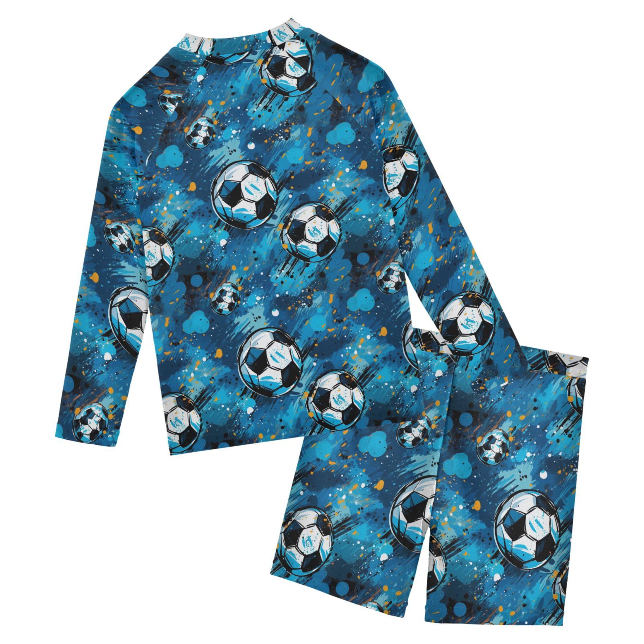 Football Soccer Sport Blue Baby Boys' Toddler Long Sleeved Rashguard Swim Bathing Suit Set B0402951