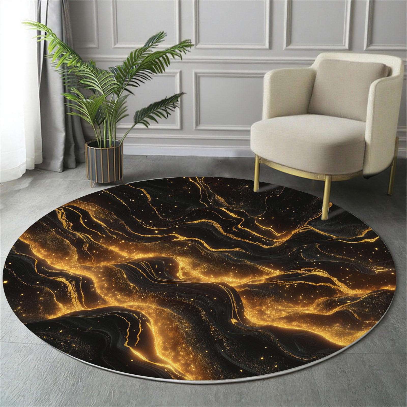 Tapis rond poil court noir orange 100cm pour éviter les glissades dans le salon
