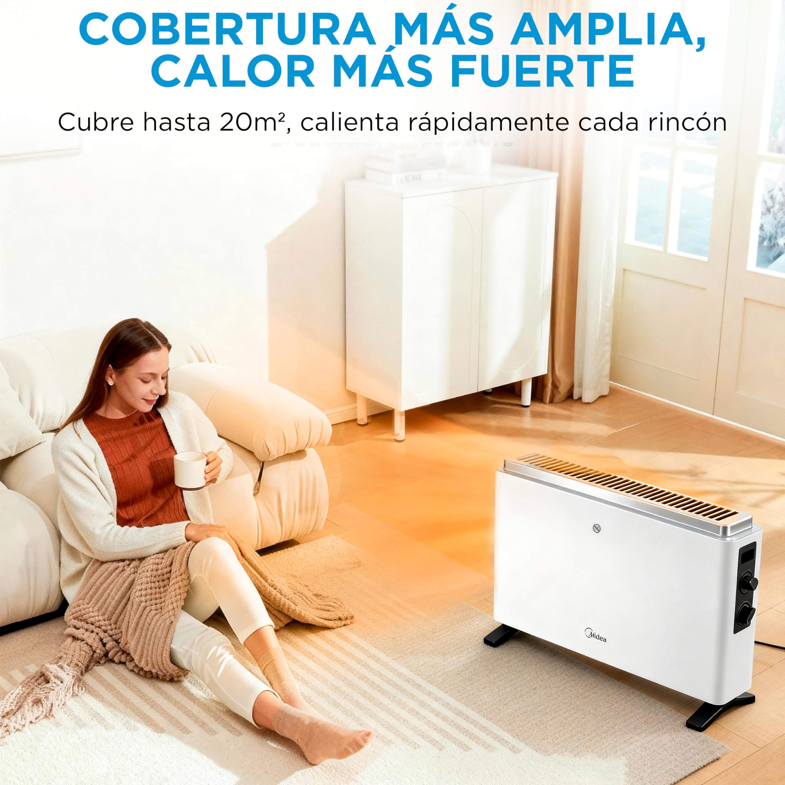 MIDEA Convector Radiador Electrico Bajo Consumo | 2000W | Calefactor Electrico con Termostato Regulable, Estufa eléctrica con 3 Niveles de Potencia, Emisor Térmico con Protección de Sobrecalentamiento