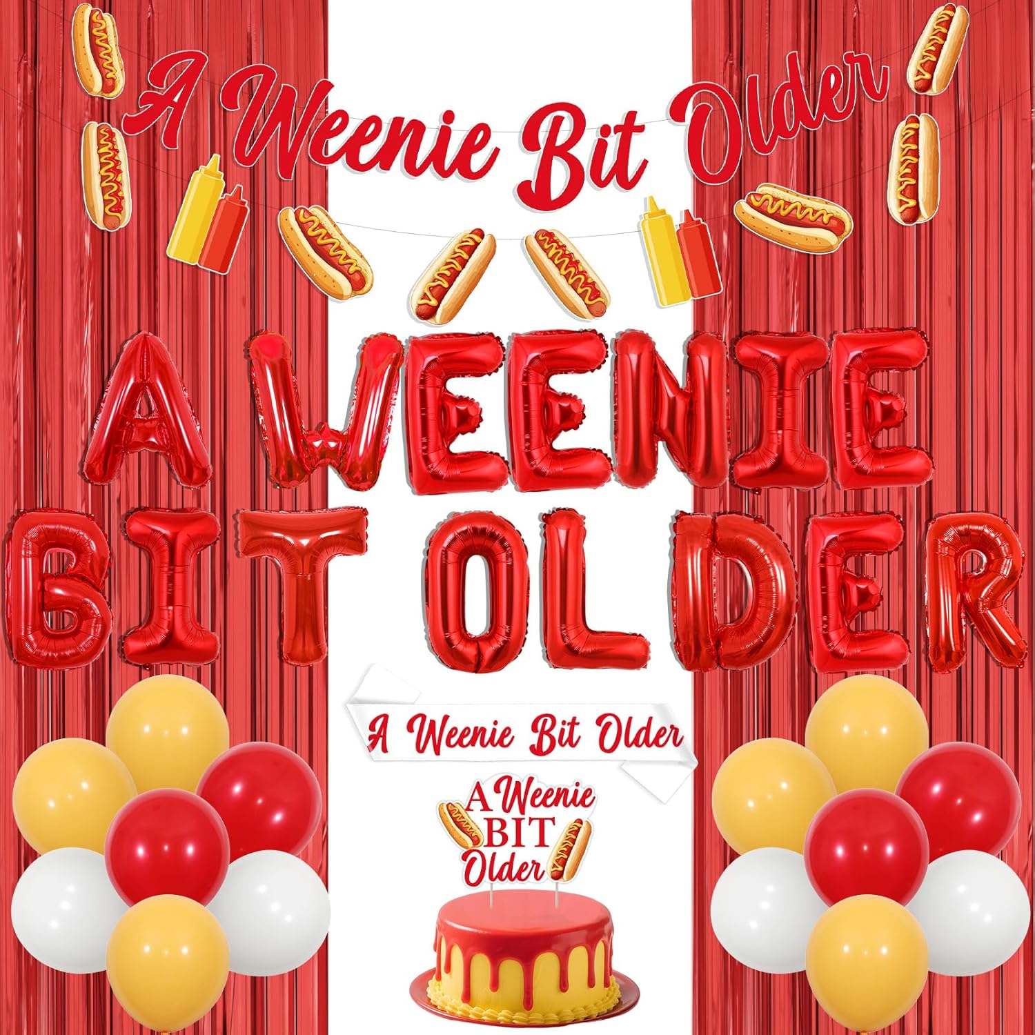 Jollyboom a Weenie Bit Older Birthday Decorations, Hot Dog Decorations Banner Garland Cake Topper Sash Fringe Curtain Foil Balloons for Women Bridal Shower Wedding Retro Bbq Cookout Party