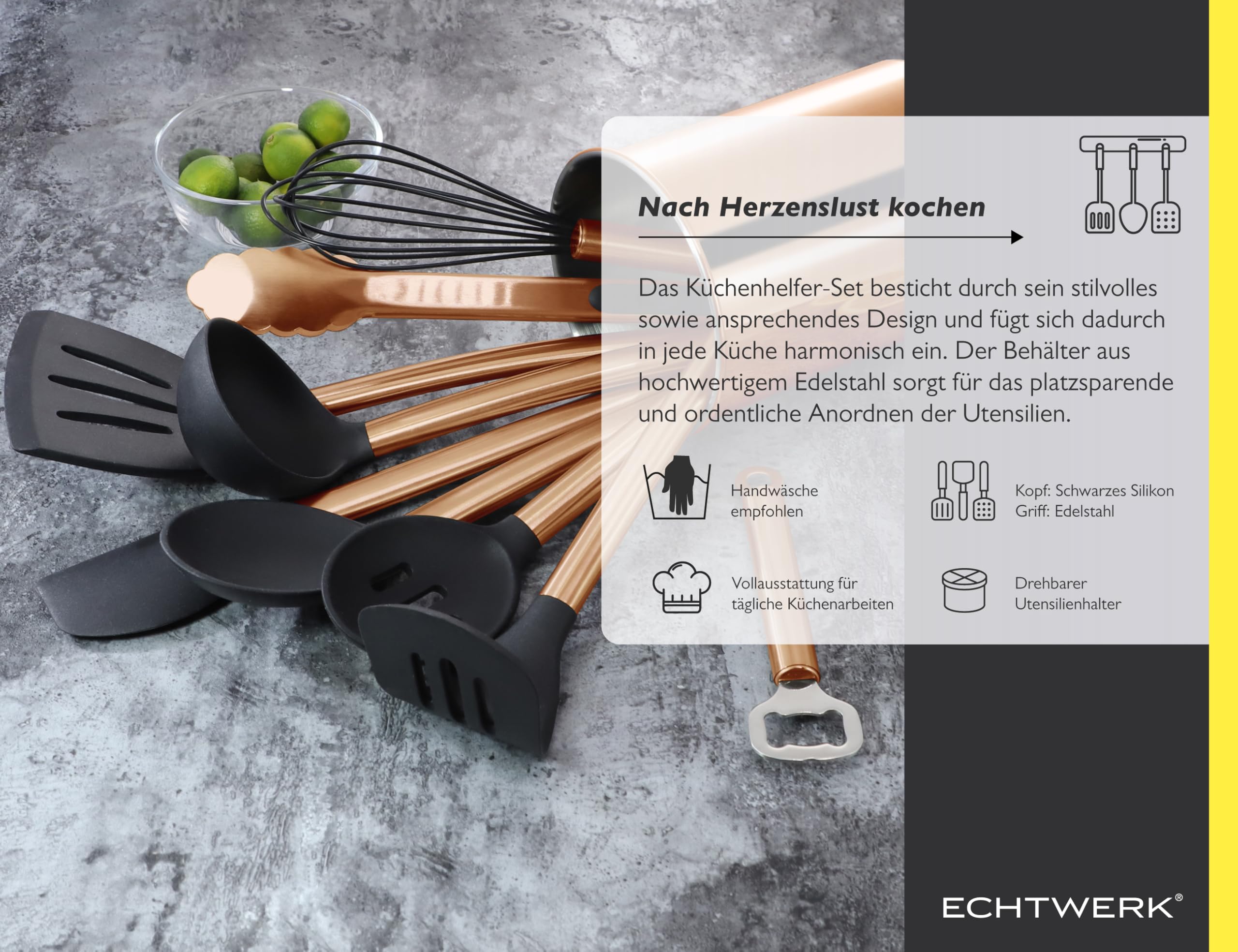 ECHTWERK Ustensiles cuisine, 10 pièces, silicone antiadhésive, manche inox, support, édition cuivre.
