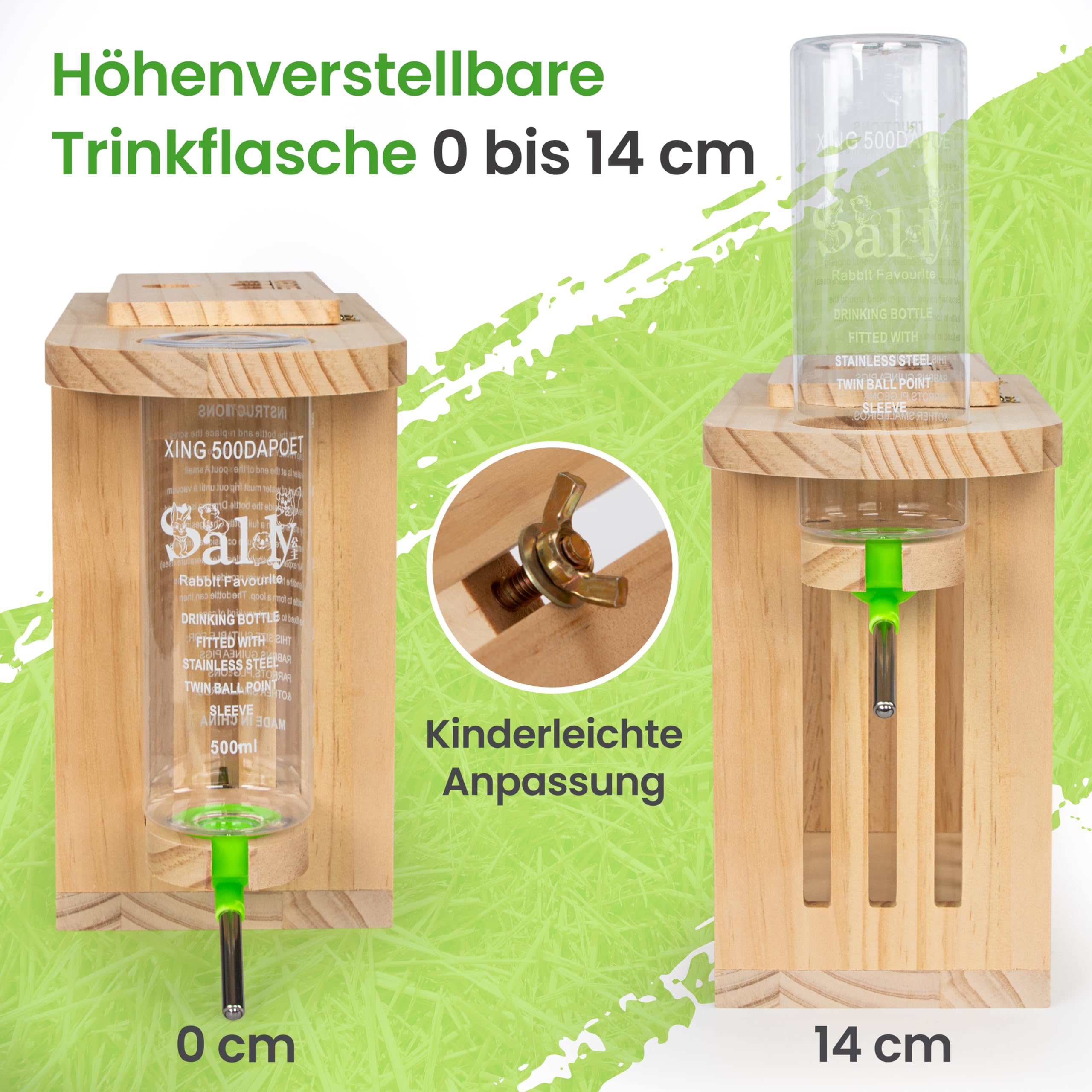 Heuraufe inkl. höhenverstellbarer Trinkflasche. Naturholz. Meerschweinchen Heuraufe, Kaninchen, Hasen, Hamster Trinkflasche. Perfekt für Kaninchenstall. Hasen Zubehör Kaninchen Zubehör | Drei Eichen