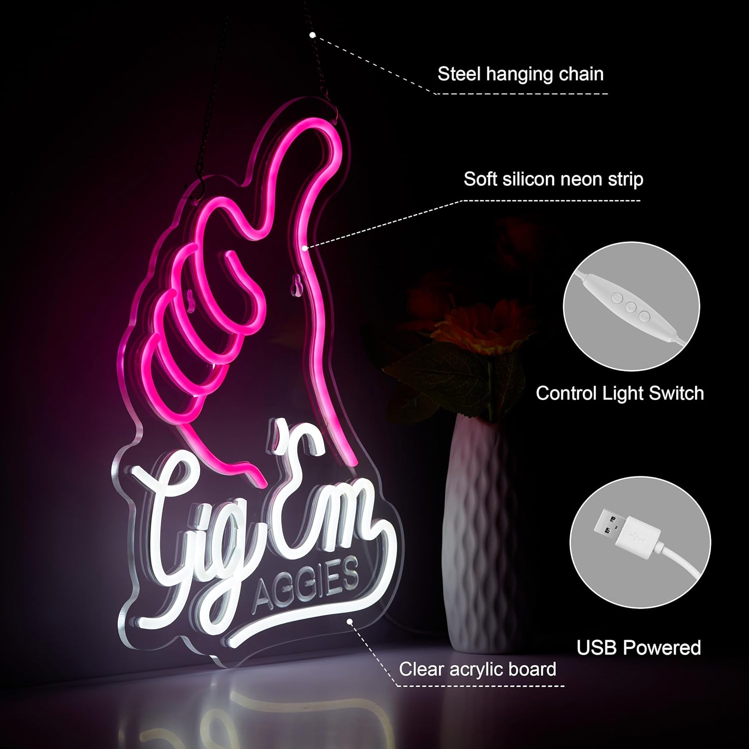 ZODZ Gig EM Aggies Texas Neon Sign for Wall Décor Gig EM Texas Sign with Dimmable LED Neon Light Decor(Pink+White) - Image 4