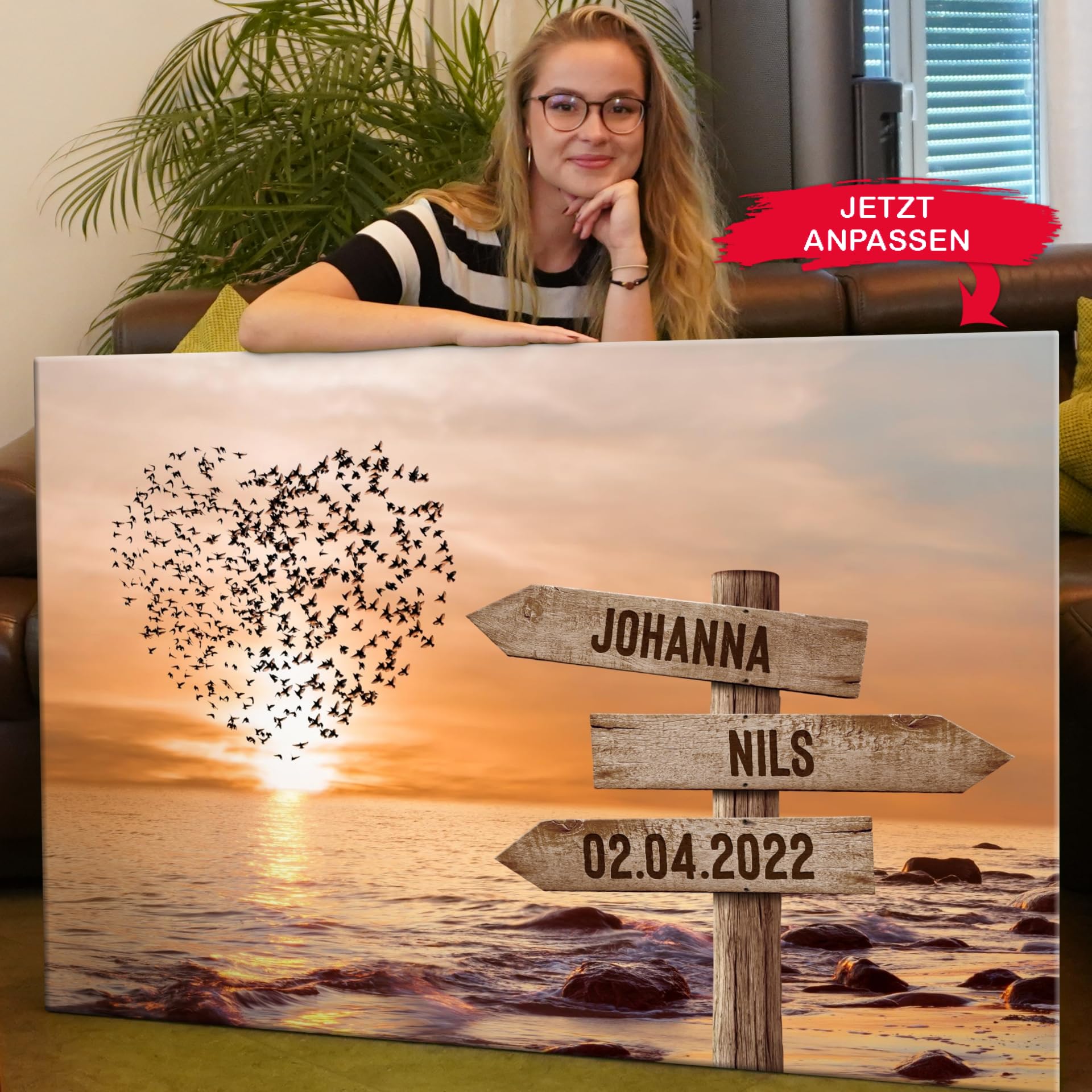 Liebesleinwand Das sind wir Leinwand: Sonnenuntergangsliebe | Leinwandbild mit Namen und Datum | Wandbild gestalten | Jahrestag Geschenk für Frau Freundin Mann Freund