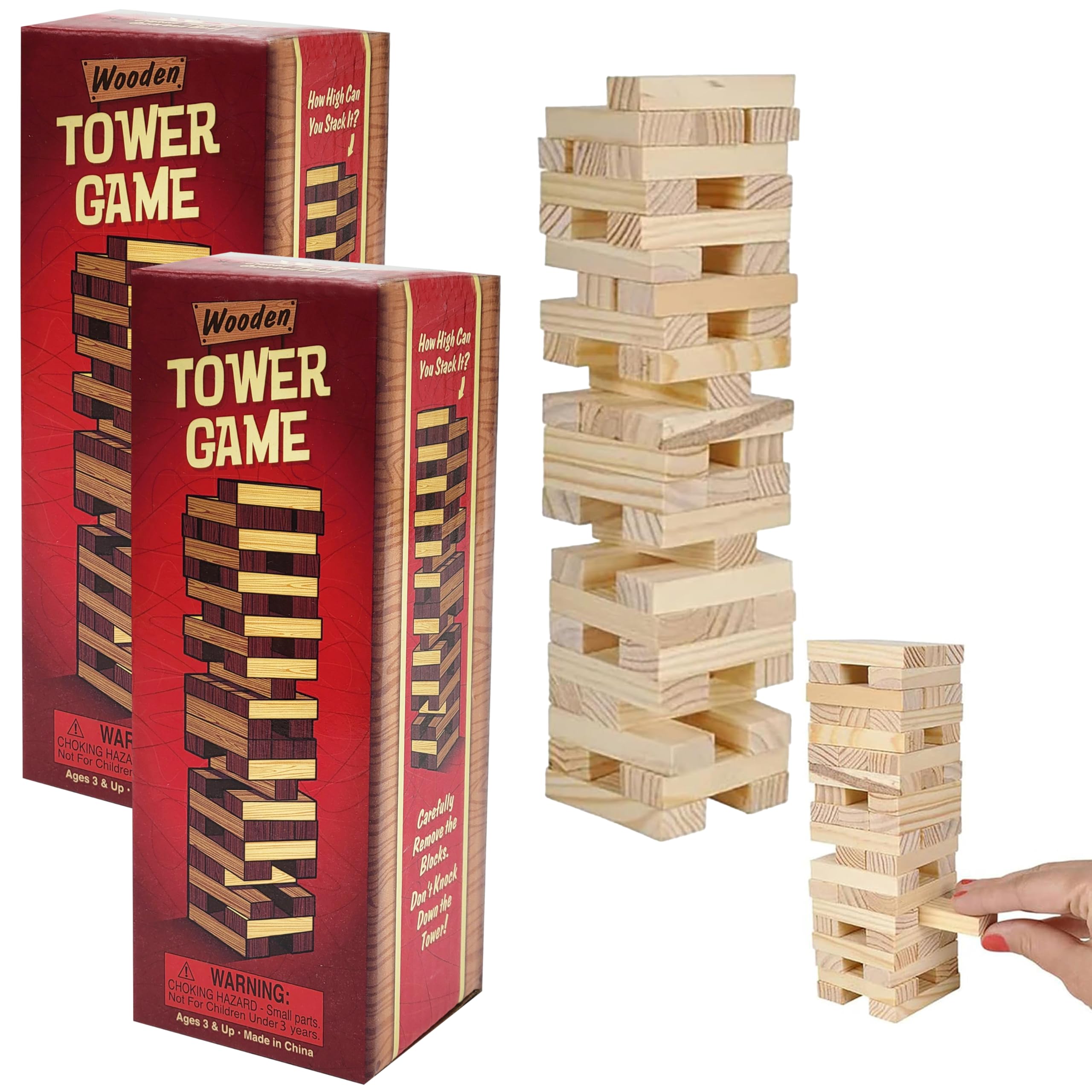 The Dreidel Company Wooden Blocks Stacking Tumbling Tower Game, Pull, and Tumble Blocks, Sensory Learning, Game Night, 6" Inches (2-Pack)