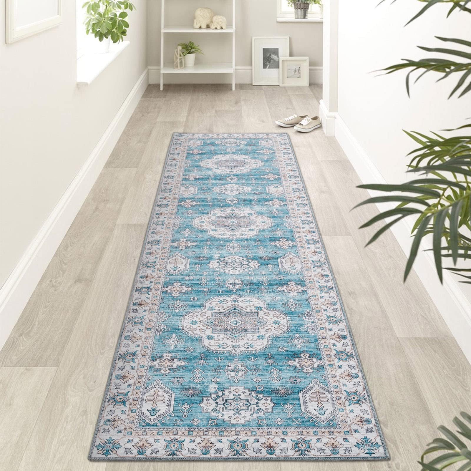 Taleta ALYSSA Blue Hallway Runner Rug 80x300cm Washable Vintage Carpet Runners Non Slip Boho Rug for Kitchen Bedroom Extra Long Hall Runners Floor