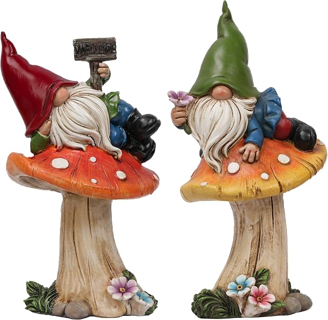 TERESA'S COLLECTIONS Garden Gnomes with Mushroom for Flower Planter Pot, Garden Ornaments Outdoor Waterproof Resin Miniature Garden Statues, 17cm