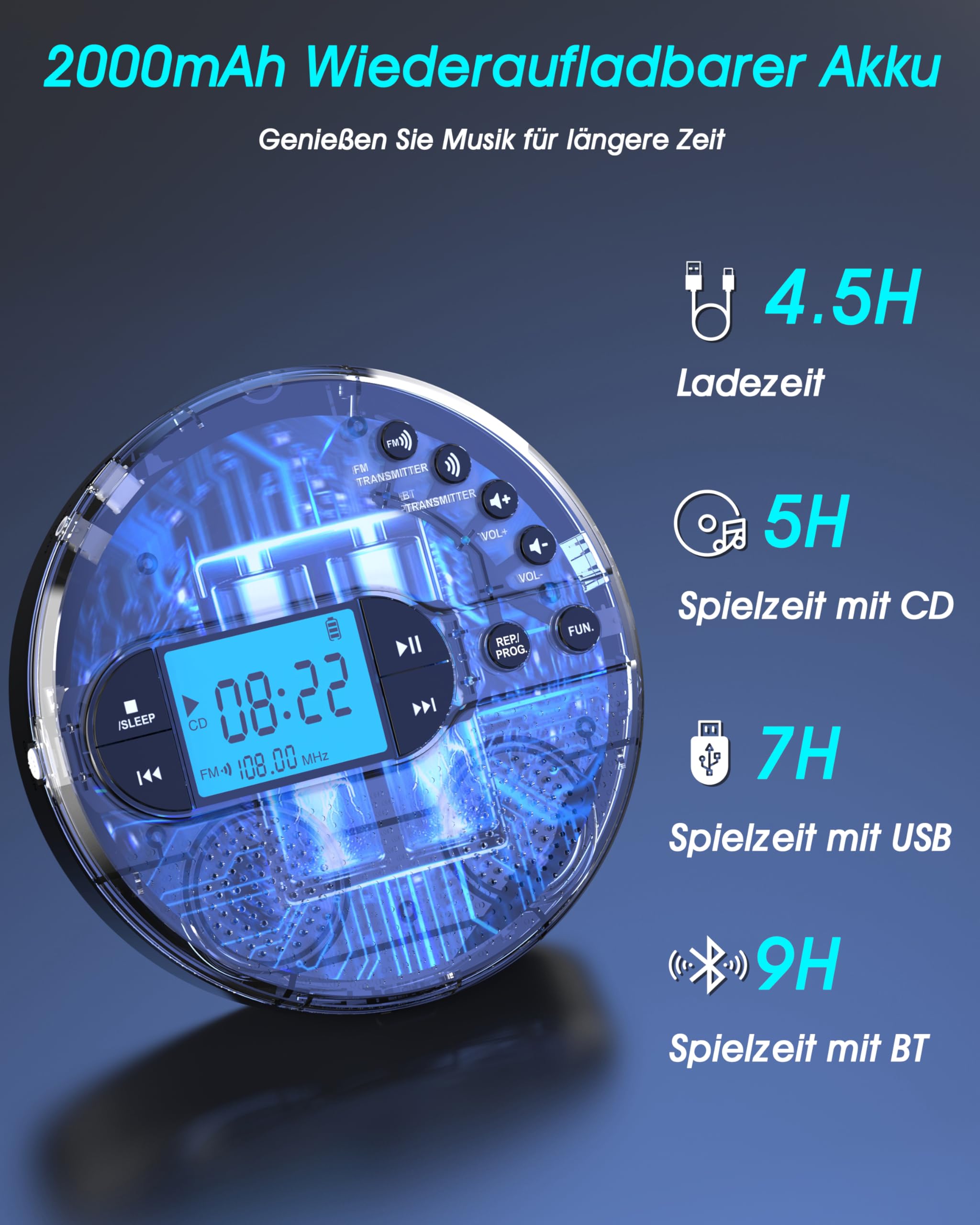 NEU Bluetooth CD Player Tragbar, Greadio Discman CD Player mit 2000mAh Wiederaufladbarer, Kompatibler FM-Transmitter, USB, AUX-Ausgang, CD Spieler mit Kopfhörer und Anti-Skip/Stoßfest
