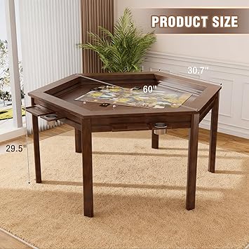 Board Game Table with Removable Table Top, Solid Wood, Seats 6 Players with 60x60 Play Area, Includes 6 Detachable Cup Holders, Play Mat and Dice Trays