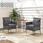 KOTEK 3 Pieces Patio Furniture Set, PE Rattan Outdoor Conversation Set with Tempered Glass Table & Soft Cushions, Wicker Bistro Set for Garden, Porch, Balcony (Grey)