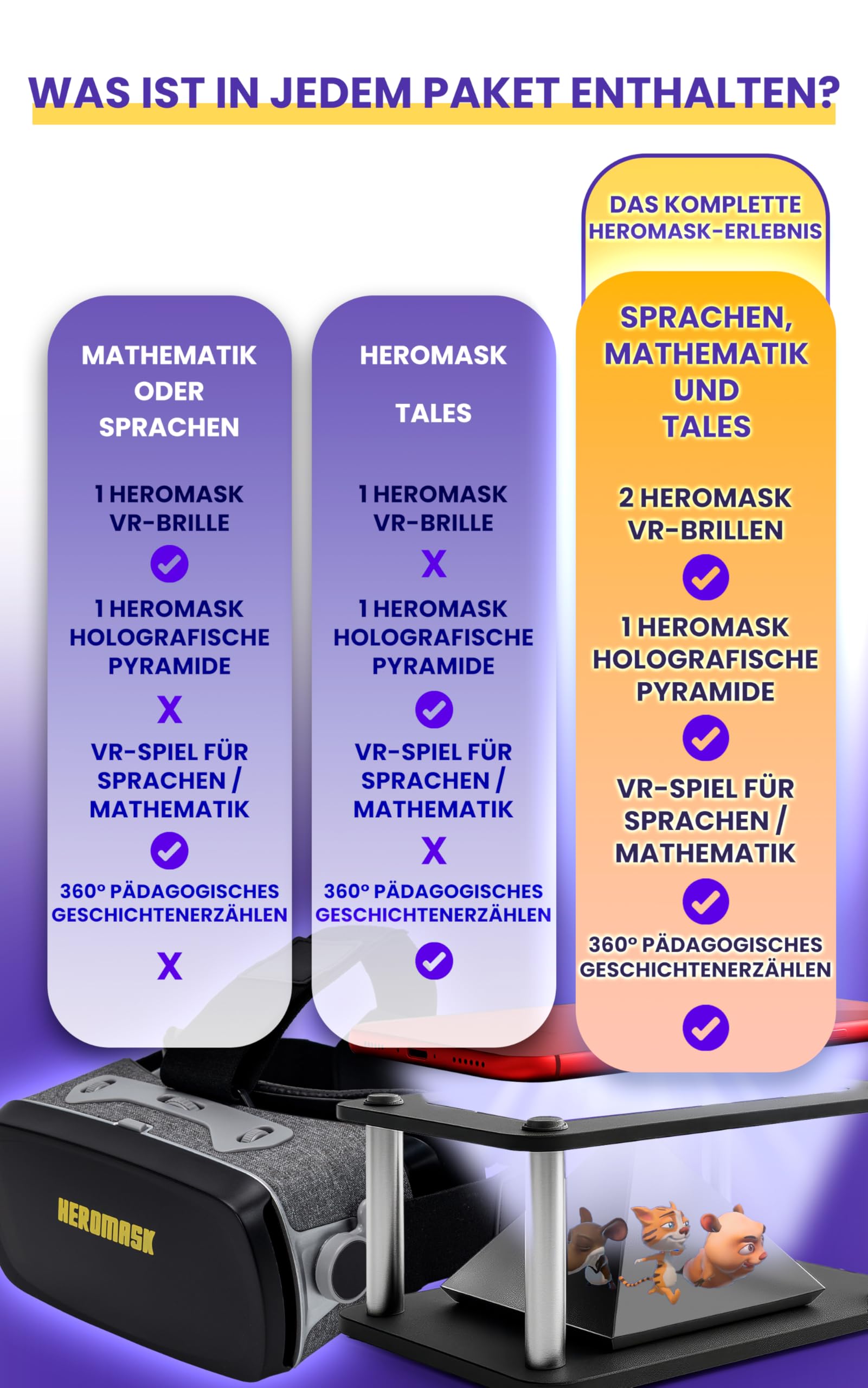 Heromask 3-in-1 Lernbundle – Sprachen, Mathematik & Geschichten in VR und Hologrammen | 2-in-1 Set mit VR-Headset + Hologrammpyramide | Originelles Geschenk für Kinder 5–12 Jahre