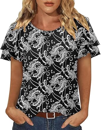 CRAZY GRID Women's Shirts Summer Casual Crewneck Ruffle Short Sleeve Blouses Cute Floral Print Tunic Tops
