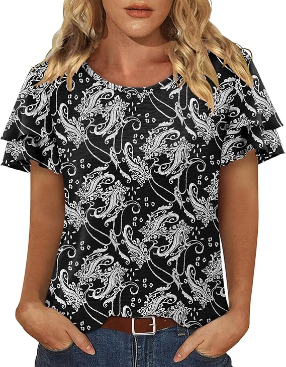 CRAZY GRID Women's Shirts Summer Casual Crewneck Ruffle Short Sleeve Blouses Cute Floral Print Tunic Tops