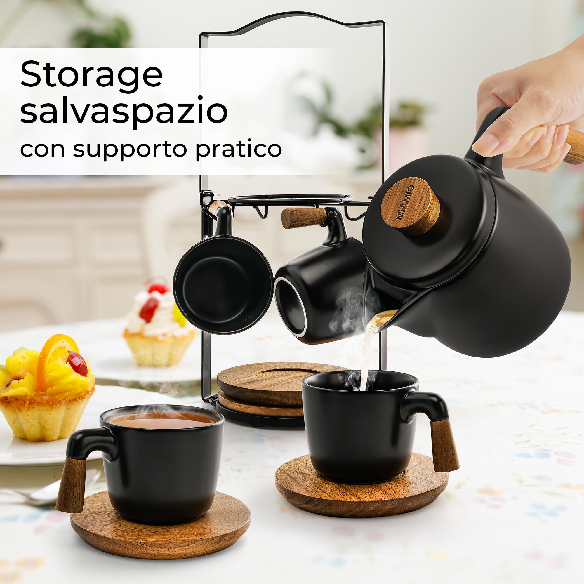 MIAMIO - Set di teiere in ceramica da 1000 ml con infusore e tazze/colino per il tè, 4 tazze da tè in ceramica (300 ml), piattini in bambù/manico con supporto per casa e ufficio