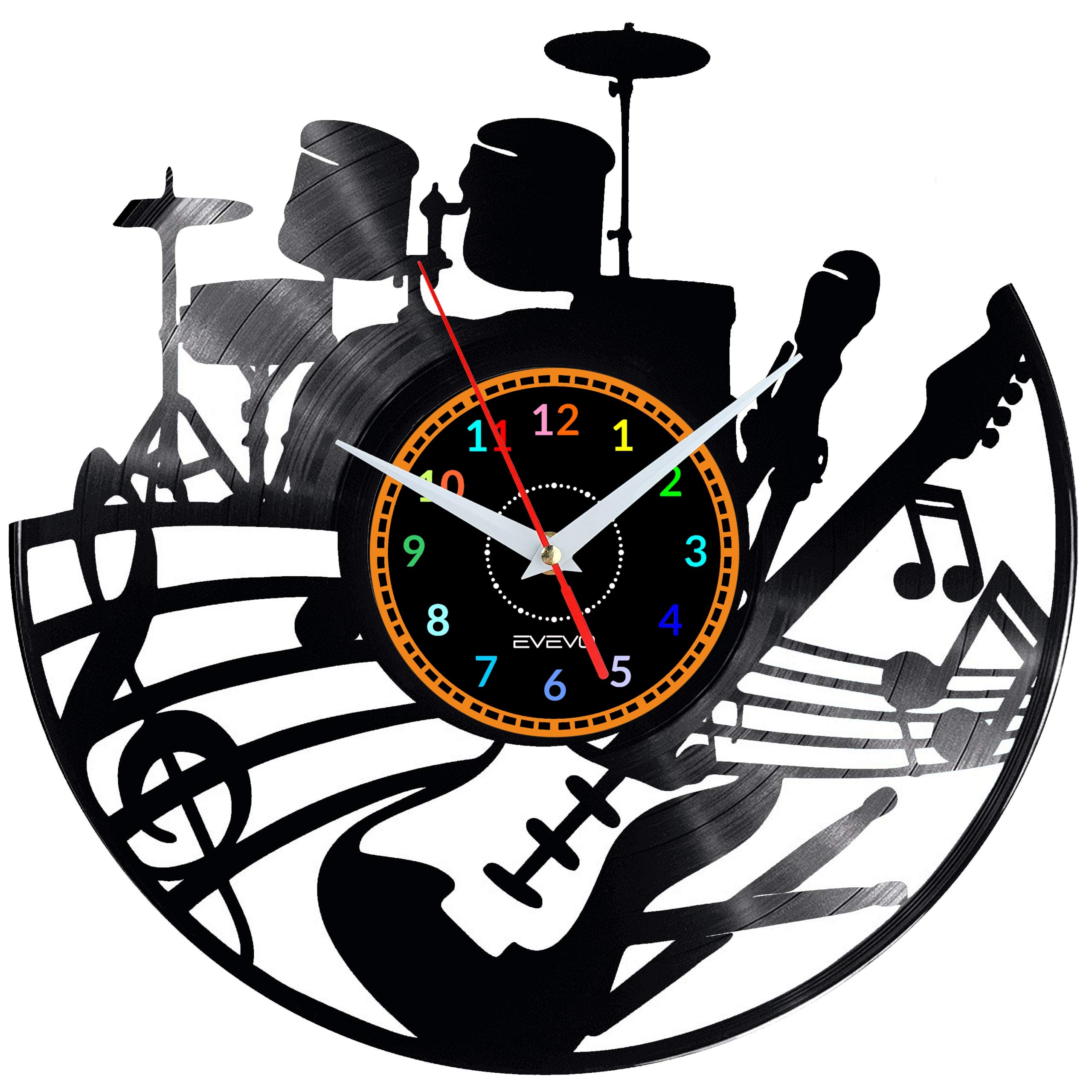 Evevo Multicolor Music Wall Clock Vinyl Record – Musical Notes & Instrument Design, Handmade Art Clock, Unique Gift Or Present For Musicians, Music Lovers & Studio Home Decor W0071