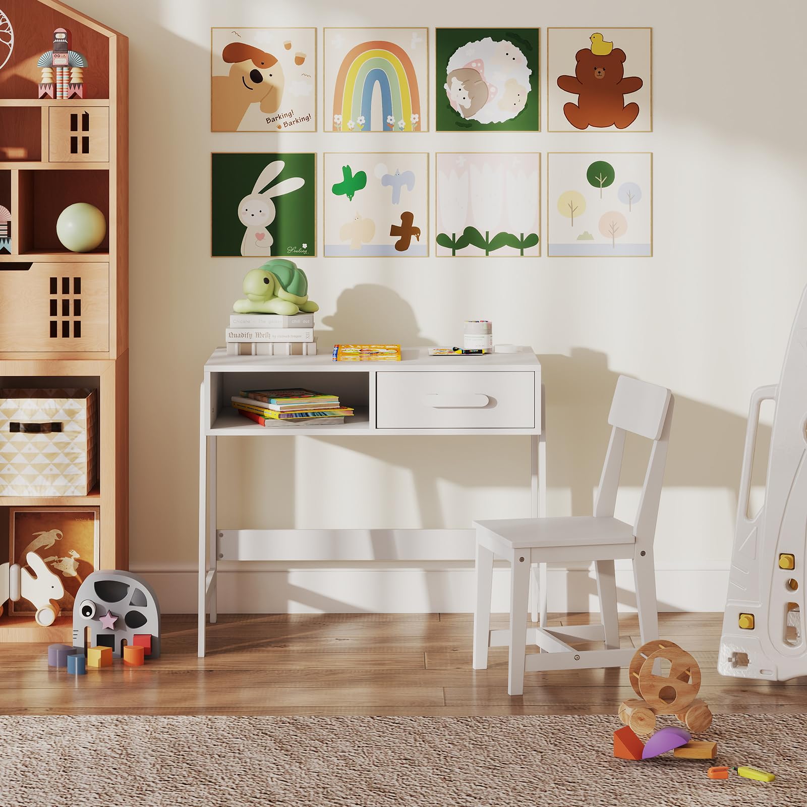 COSTWAY Set Tavolo e Sedia Bambini 3+ Anni, Scrivania e Sedia Legno Sicuro con Cassetto, Scrivania Ergonomica per Studio e Disegno (Bianco)