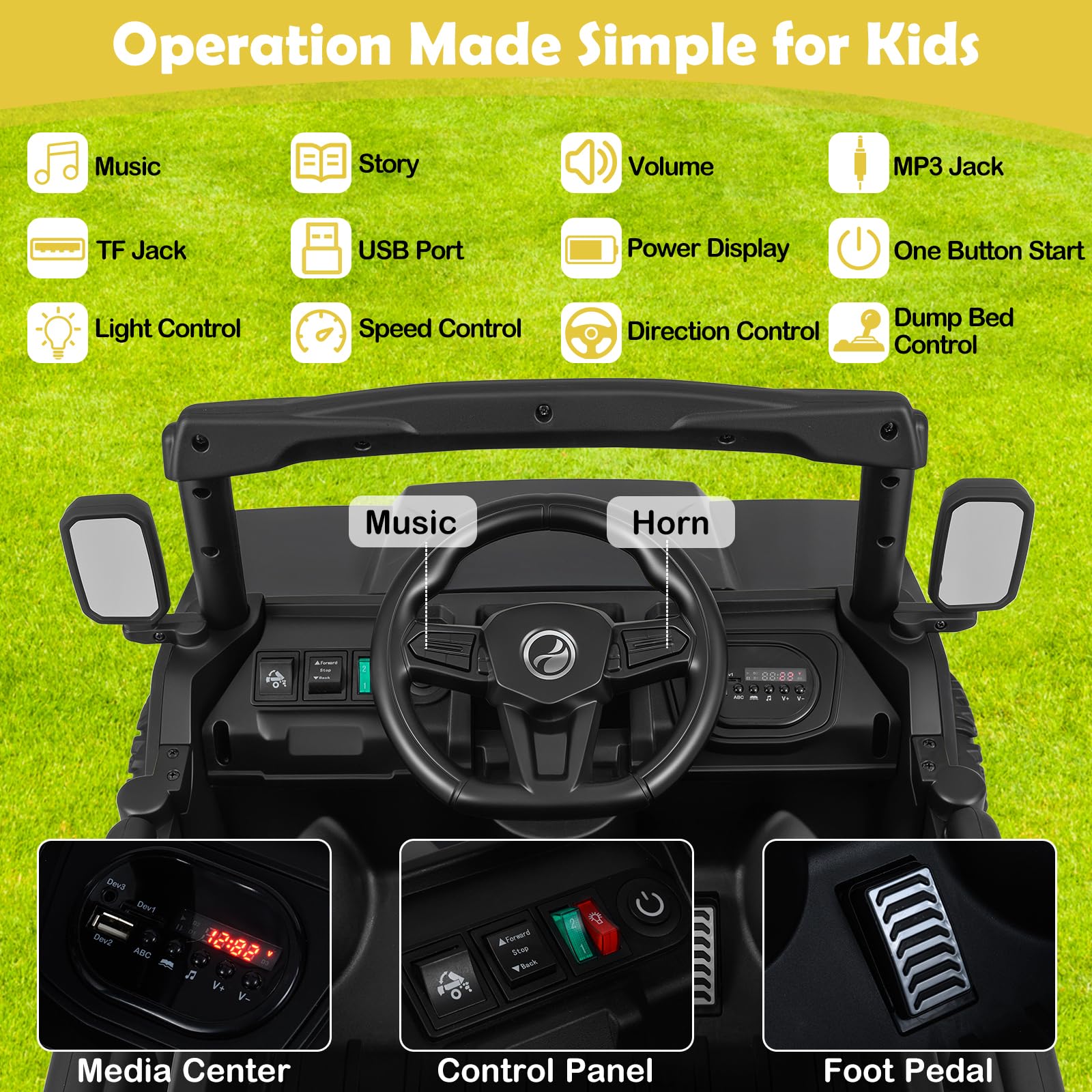 FANTASK Kinder Elektroauto 12V, Kinderauto mit elektrischer Kippmulde Fernbedienung, Kinderfahrzeug mit Musik Geschichten LED Licht Federung für Kinder ab 3 Jahren, Schwarz