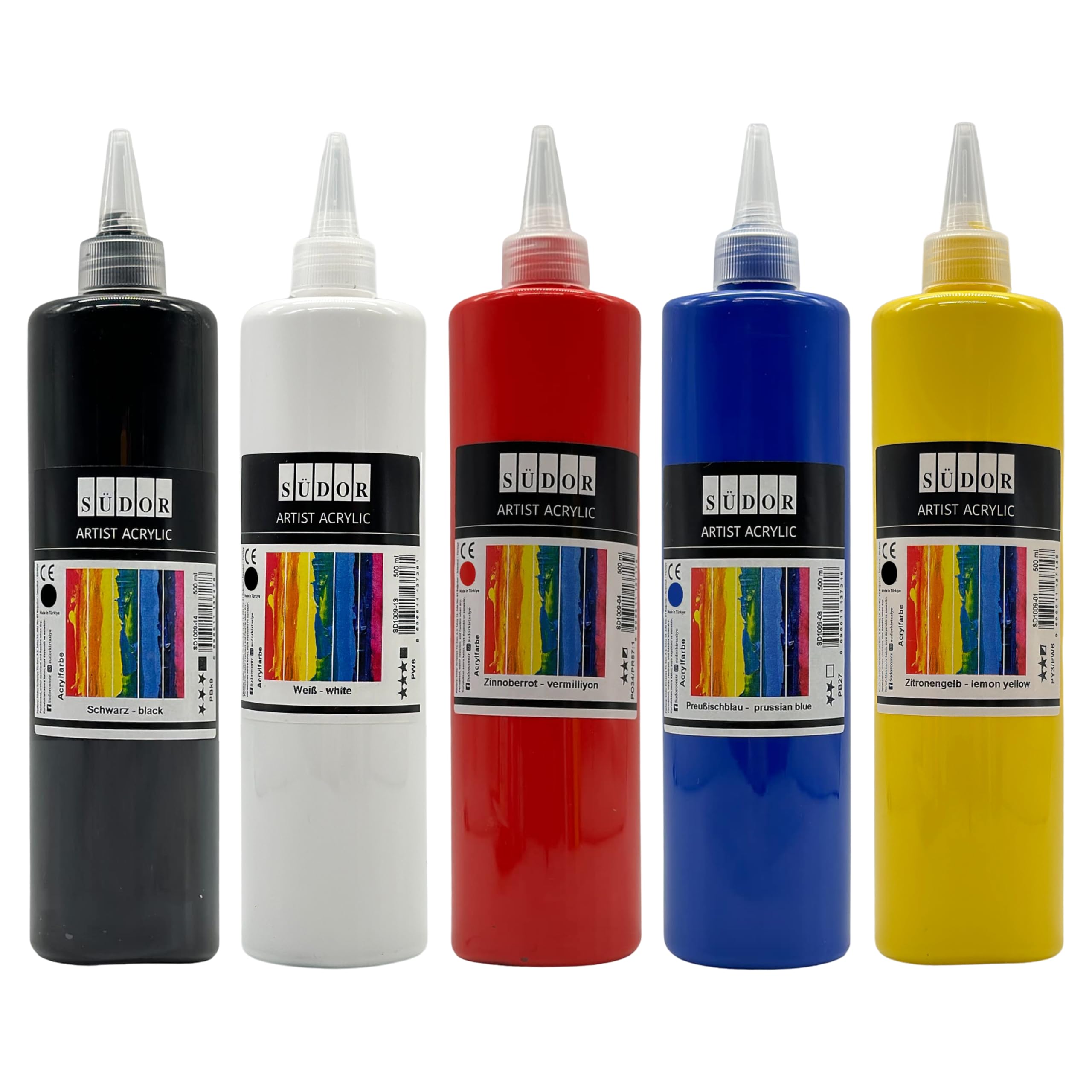 Lot De 6 Peintures Acryliques 500g - Haute Pigmentation Pour Toile, Bois, Pierre - Couleurs De Base (Blanc, Noir, Rouge, Jaune, Bleu, Vert)