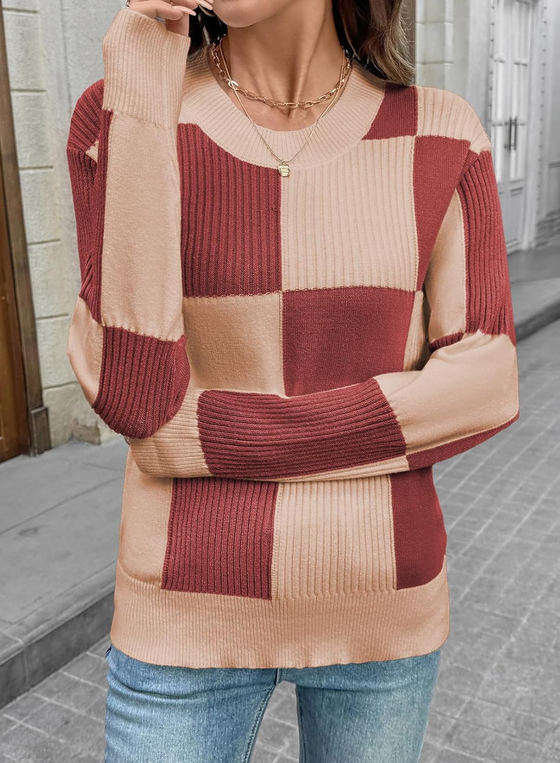 EVALESS Sweaters for Women Crewneck Long Sleeve Color Block Casual Knit Tops 2025 Fall Fashion Checkered Pullover Sweater - Image 3