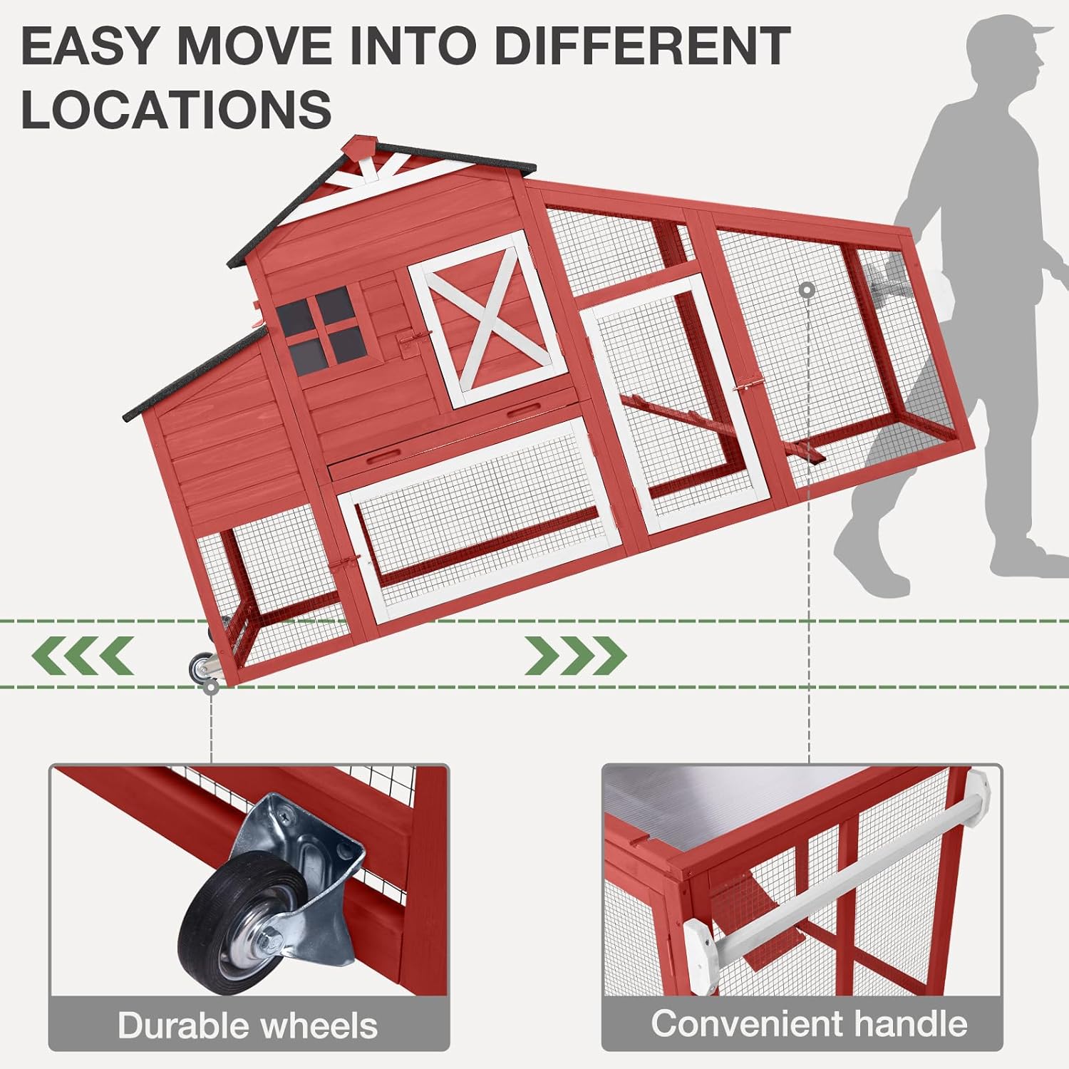 Chicken Coop with Wheels Wooden Outdoor Chicken House Easy Cleaning with Nesting Box, Deeper Leakproof Pull-Out Tray and UV Proof Panel Roof - Reinforced Version - Red