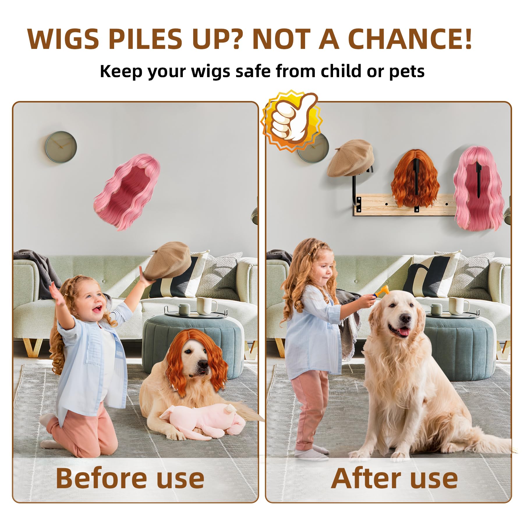 Wig Holder for Multiple Wigs, Wall-Mounted 6-Wig Storage Organizer