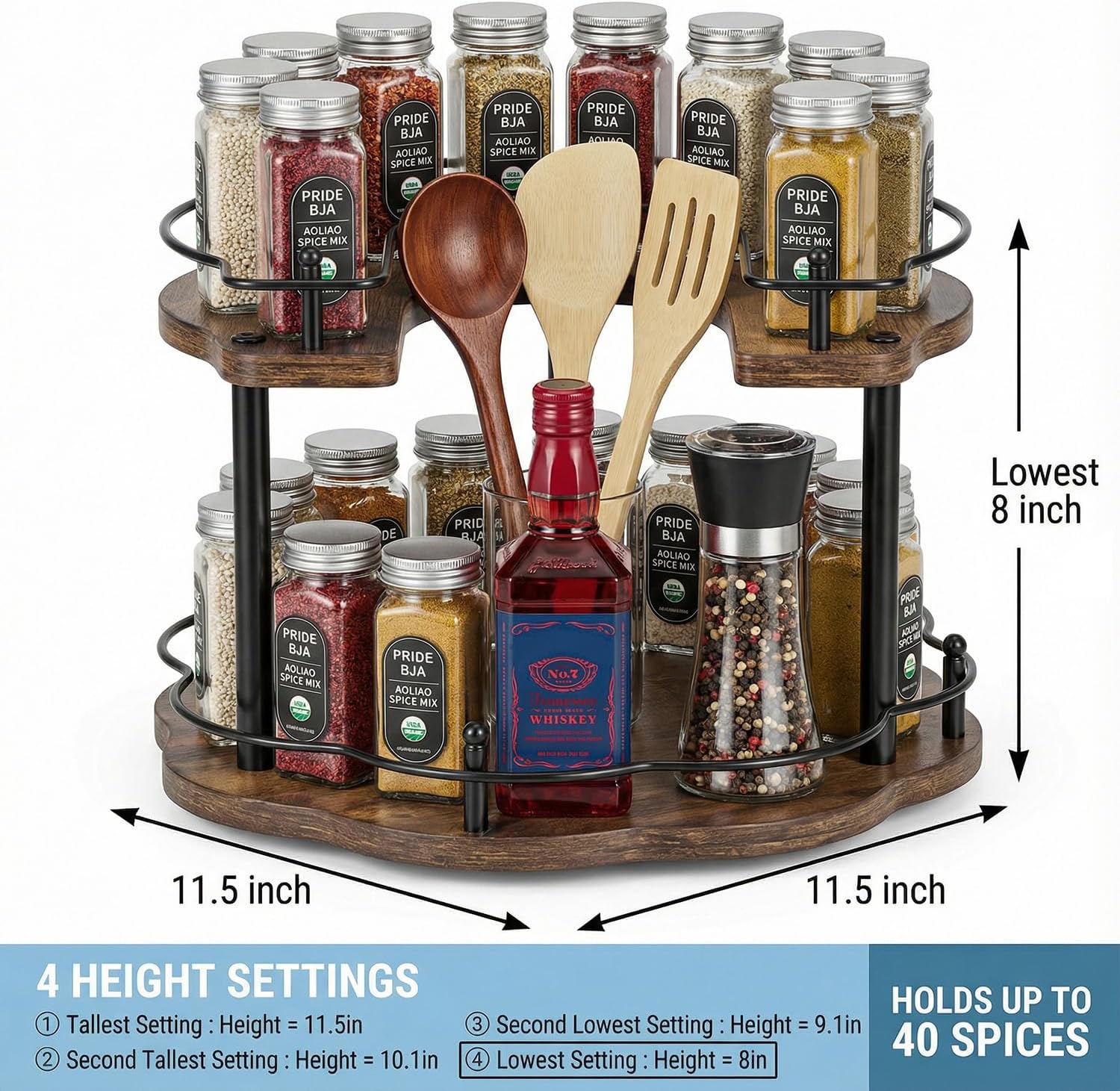 12 Inch Wood Lazy Susan Organizer Spice Rack, Lazy Susan Organizer, Height Adjustable Spice Rack, Kitchen Cabinet Storage and Pantry Turntable for Seasonings, Cans, Jars