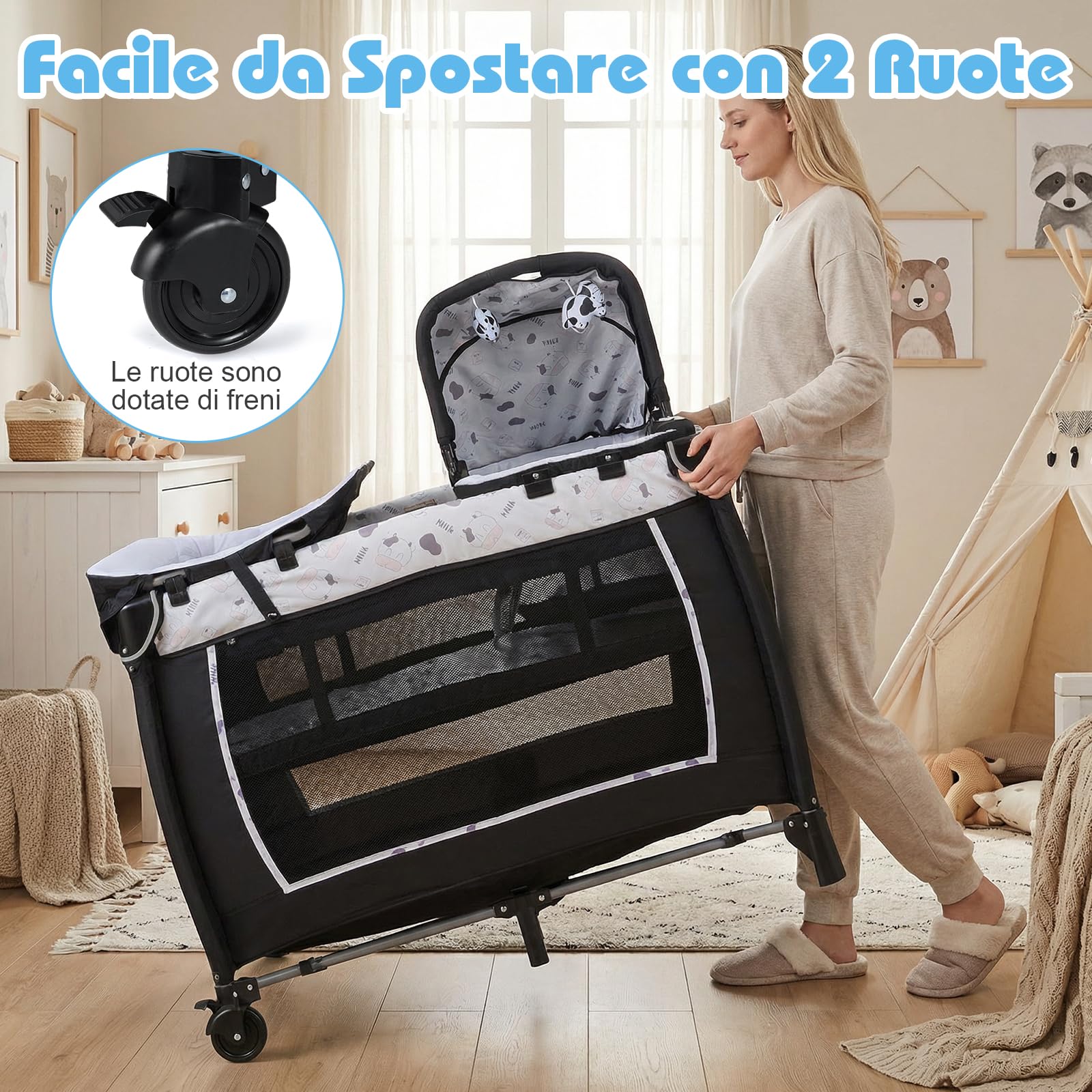 COSTWAY Culla Campeggio Bambini 5 in 1, Lettino Viaggio Neonati Pieghevole con Materasso, Fasciatoio e Tettoia, Box Portatile con Ruote, 2 Giocattoli Appesi e Carillon, per Bambini 0-3 Anni (Bianco)