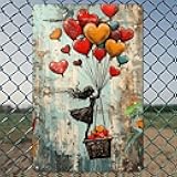Girl Soaring on Heart Balloons Rustic Aluminum Wall Art & Metal Tin Sign - 8x12in Vintage Indoor Outdoor Decor for Home, Office, Cafe, Yard & Garden，Farm