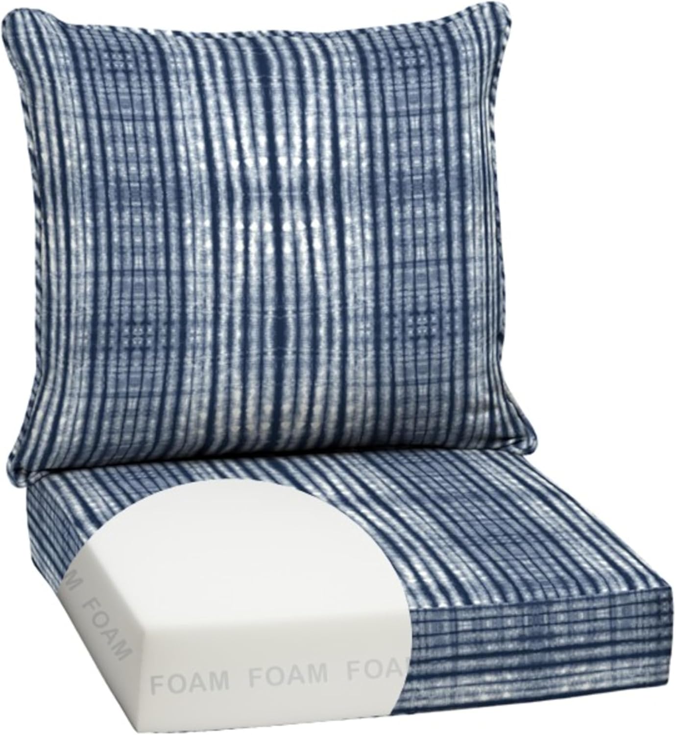 Arden Outdoor Foam Deep Seat Cushion Set, 24x24, Premium High-Density Foam, Never Flattens, Weather-Proof for Patio Chair Sofa Couch, Blue Shibori Stripe