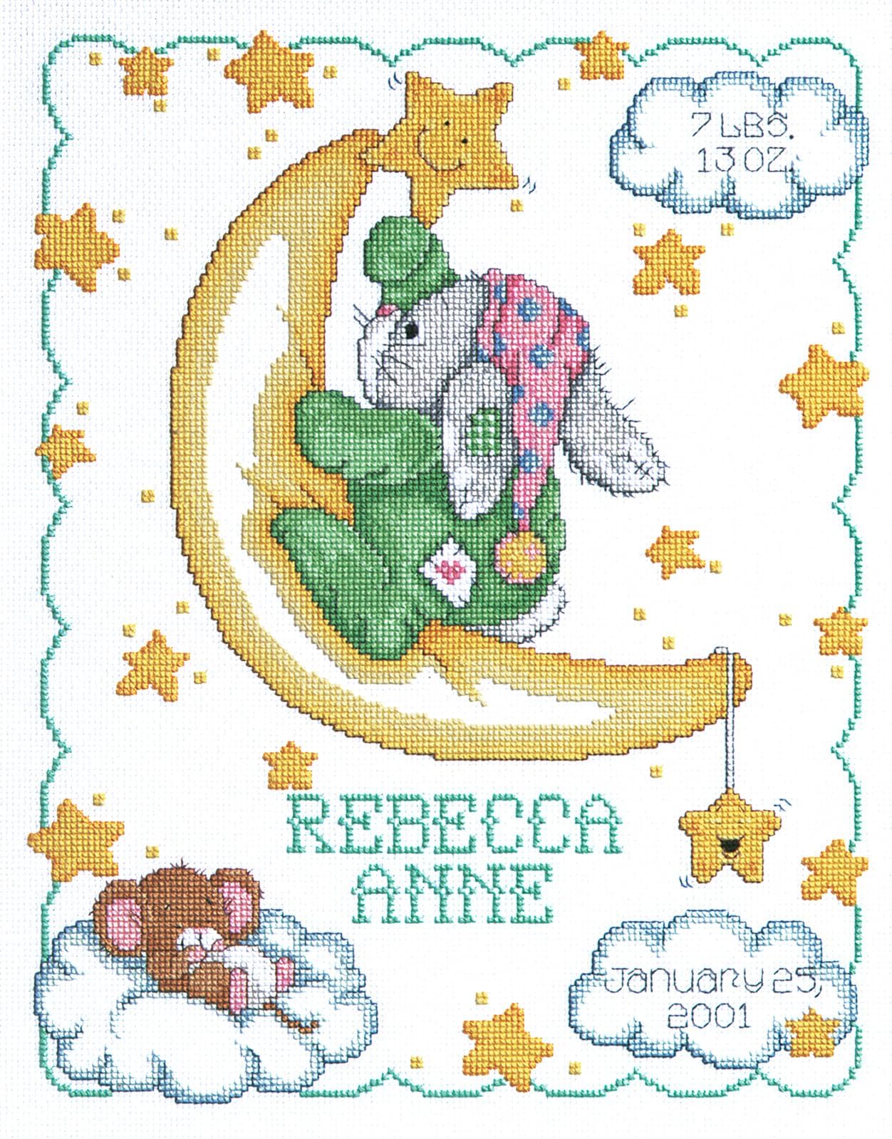 Janlynn063-0102 1-Piece Crescent Moon Birth Announcement Counted Cross Stitch Kit - White, 11 x 14 inches