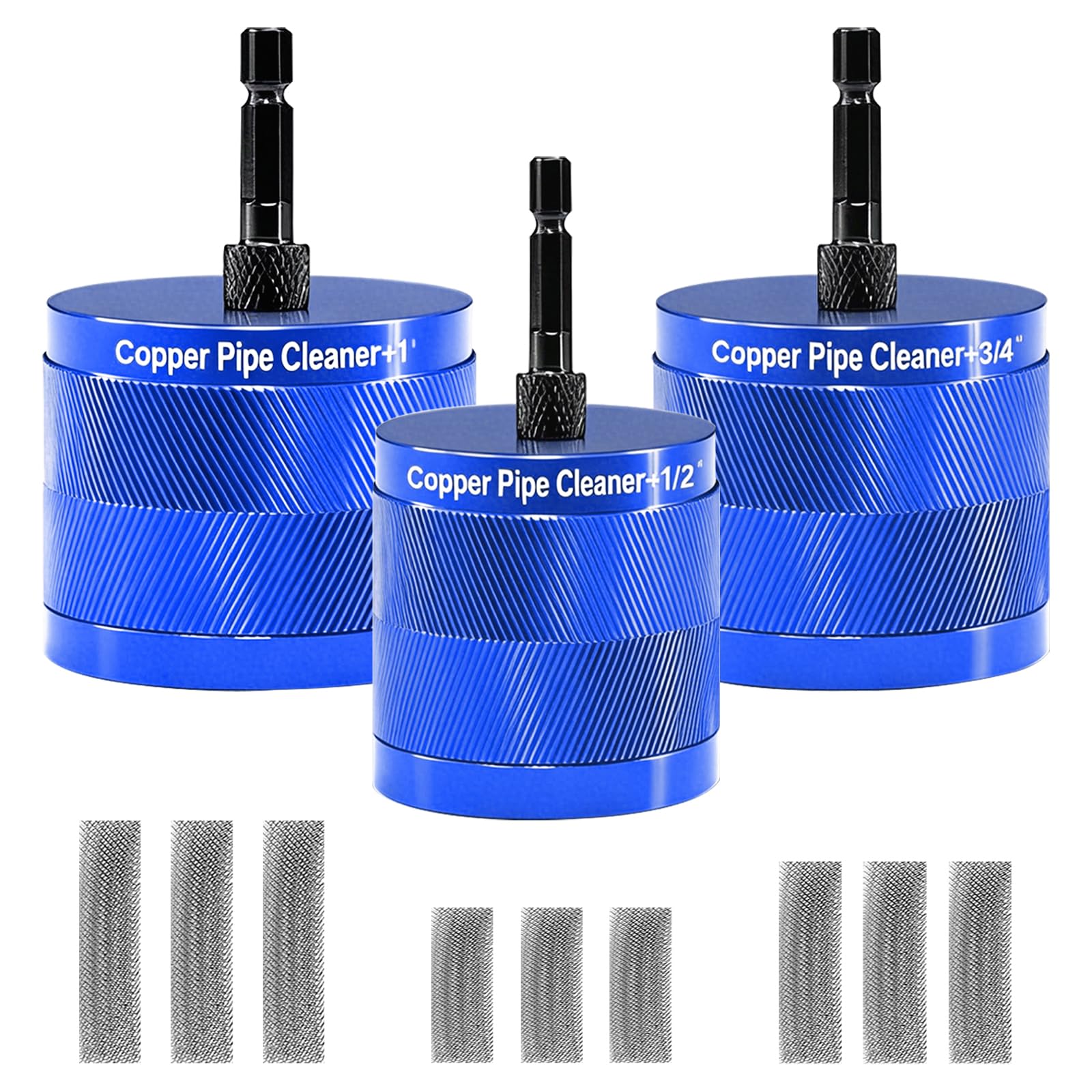 Limpiador De TuberíAs De Cobre, Cepillo Multifuncional De 15 Mm 22 Mm 28 Mm Para Limpiar TuberíAs De Cobre De 1/2" 3/4" Y 1" Con VáStago Hexagonal De 1/4" Y 3 Cuchillas Para Eliminar óXido (Azul)