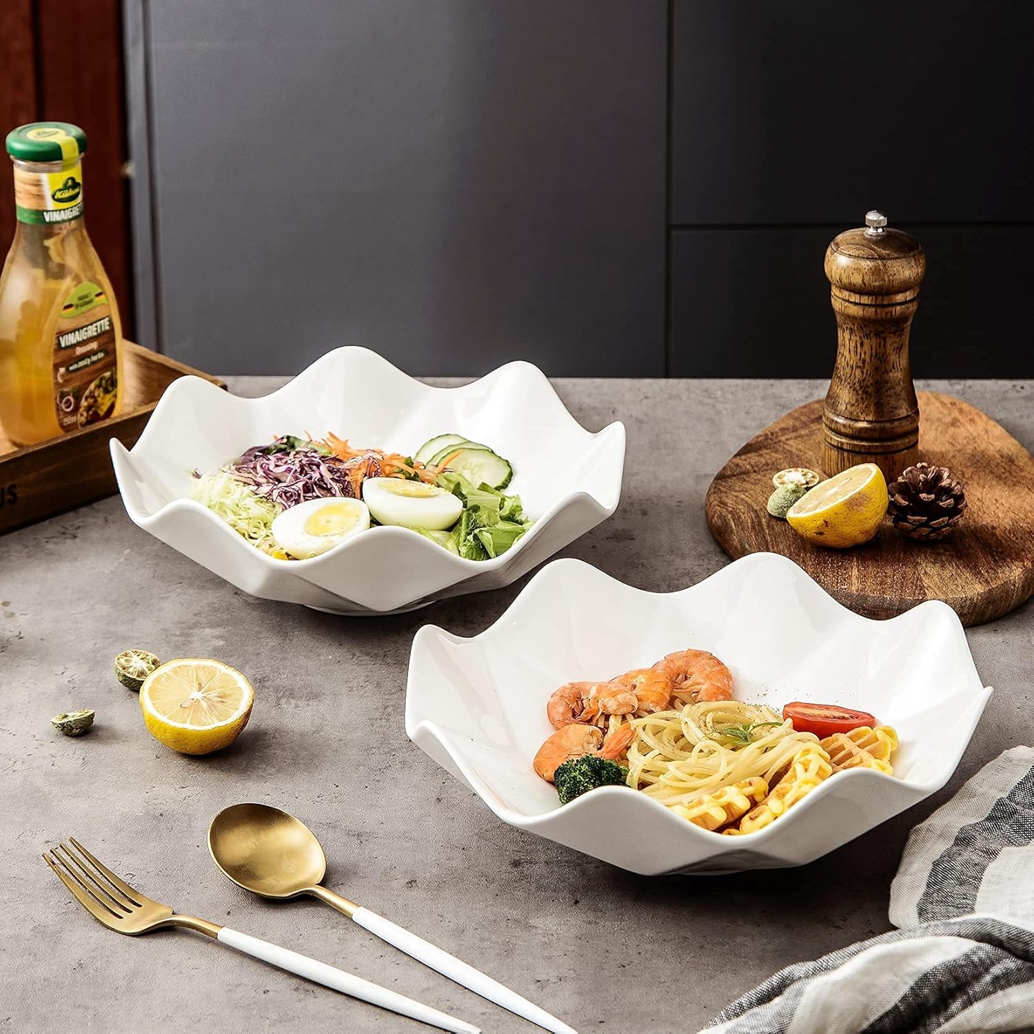 10" Wave Decorative Fruit Bowl for Kitchen Counter,Salad Bowls and Platters,Large Seving Bowls for Pasta, Candy, Set of 2（White Ceramic Bowl Modern）