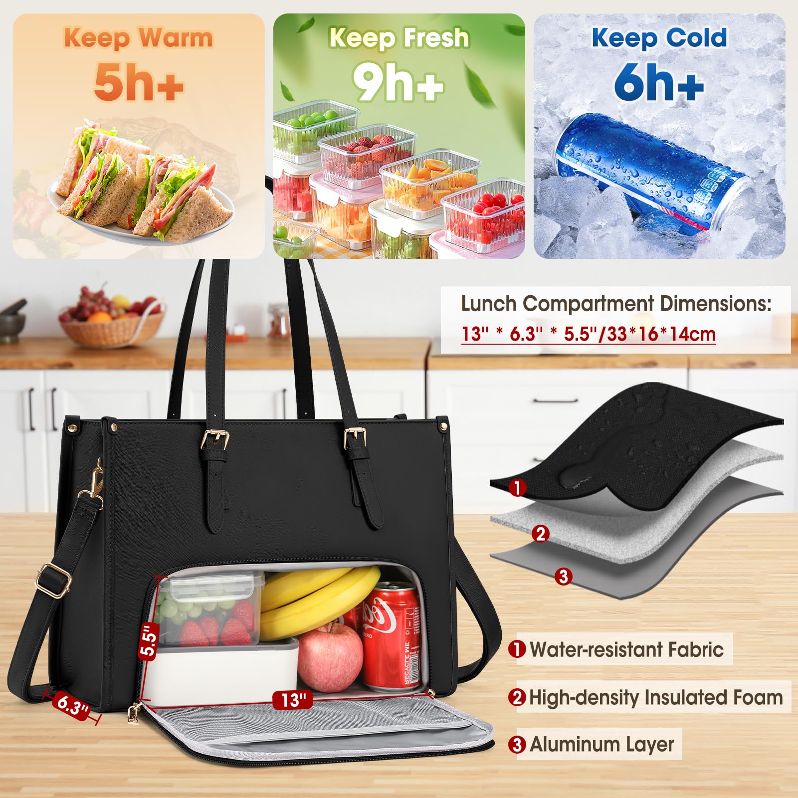 RAINSMORE Laptoptasche Damen 15,6 Zoll PU Leder Arbeitstasche Aktentasche Wasserdicht Schultertasche Schwarz