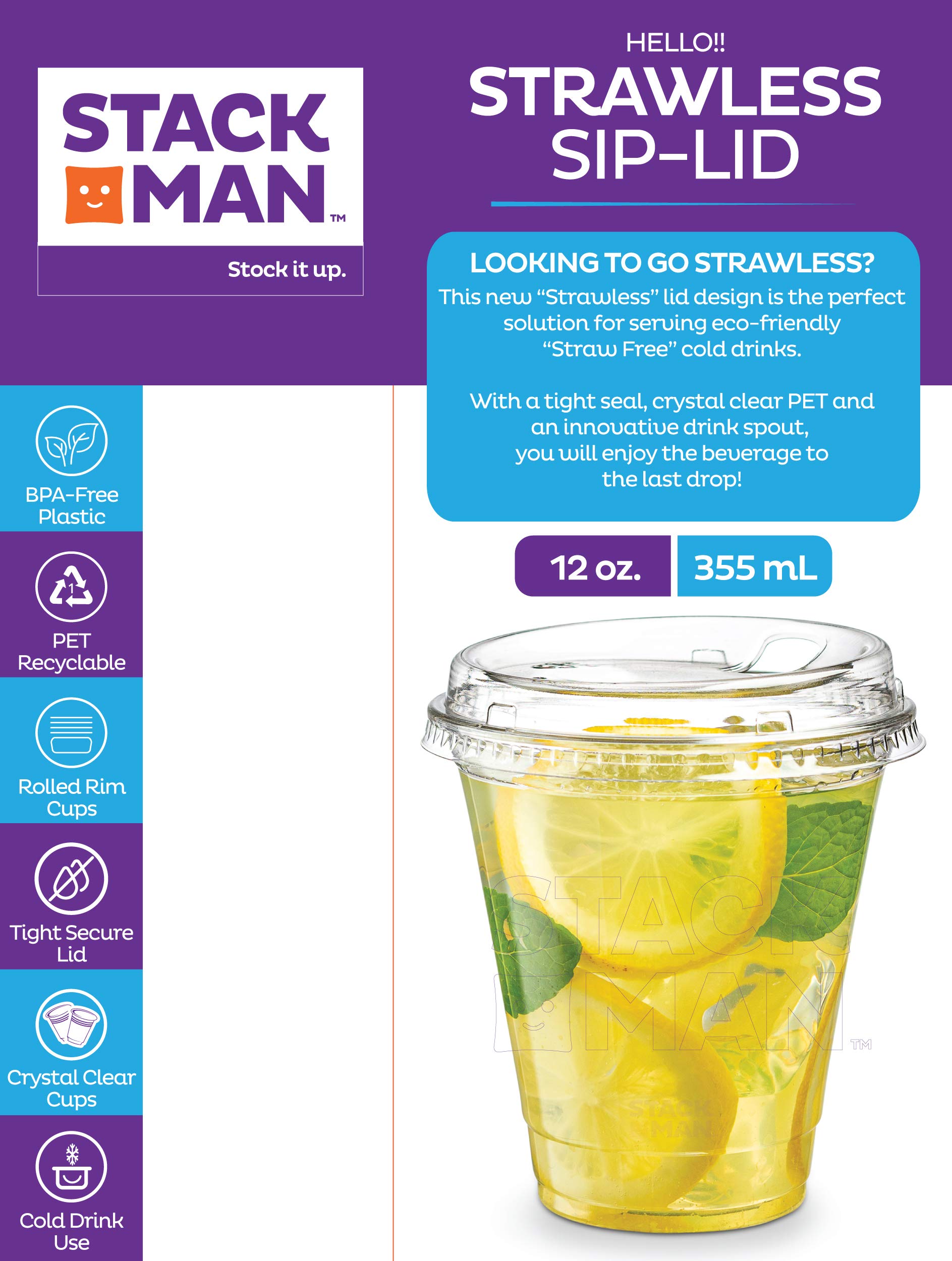 Stack Man Crystal Clear Plastic Cups with Strawless Sip-lids , 50 Sets ...