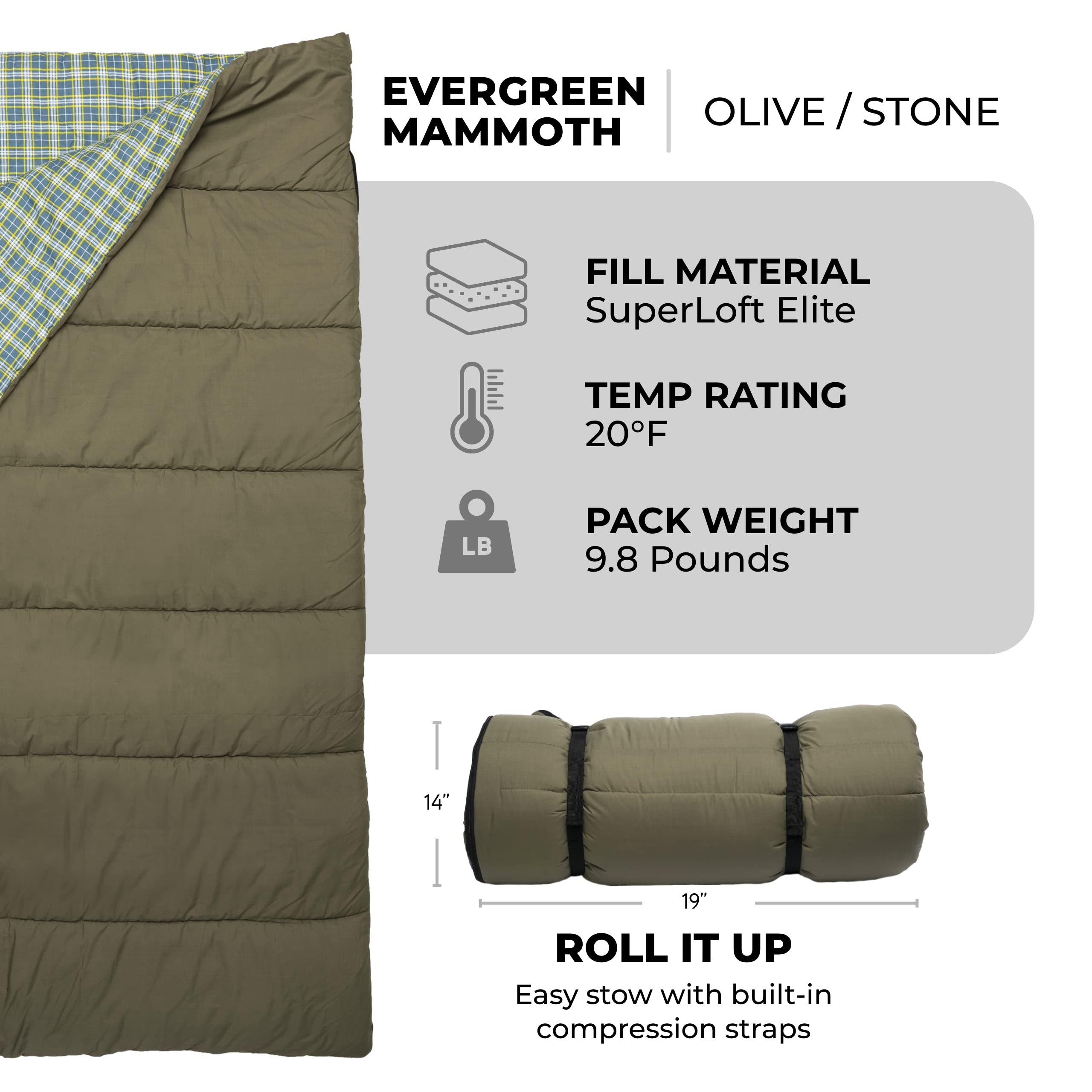 TETON Sports Evergreen Mammoth Double Sleeping Bag, 20?F Cold-Weather Two-Person Bag & Outdoor Blanket with L-Zipper - Camping Accessory & Gear for Car, Van, & Tent Campers