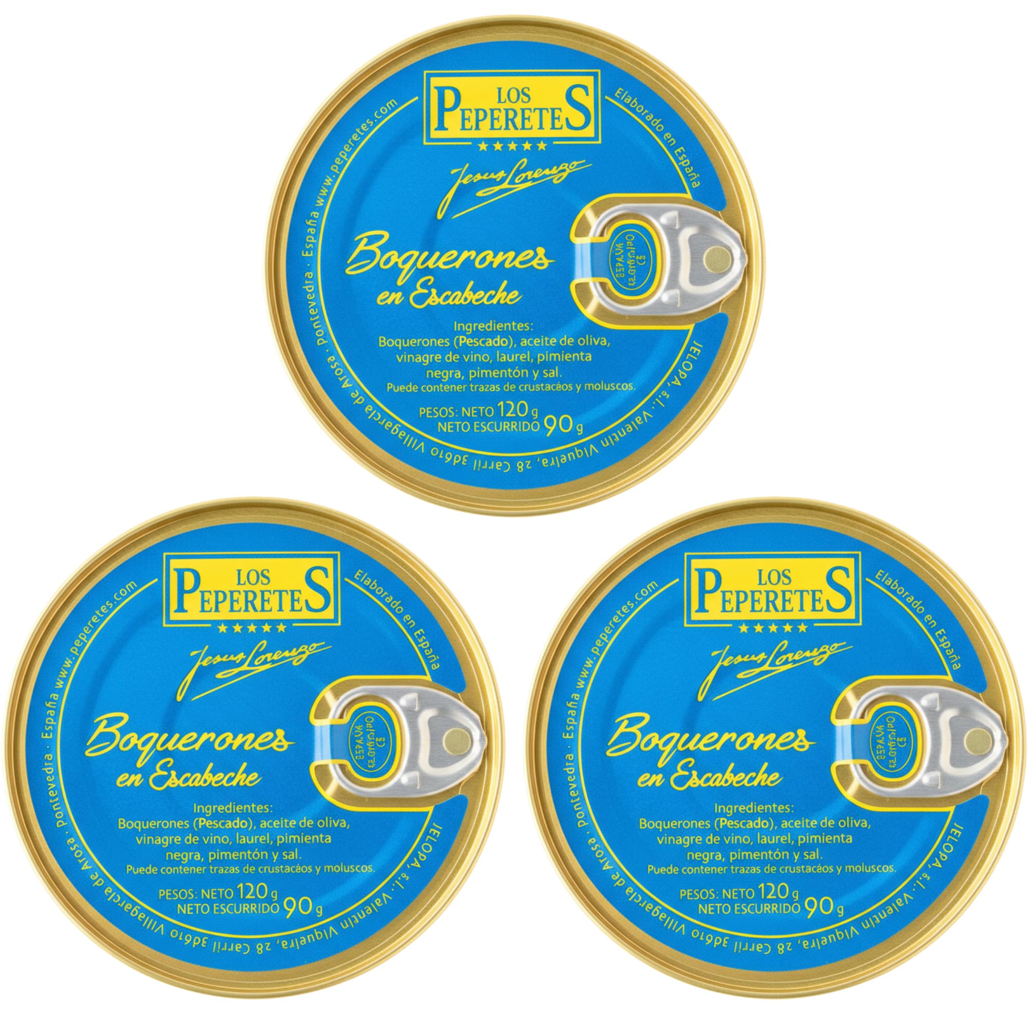 LOS PEPERETES x3 Lata Boquerones en Escabeche 120 g | Conserva Gourmet Gallega | Boquerones Pequeños del Atlántico en Aceite de Oliva y Vinagre Natural | Elaboración Artesanal | Sabor Tradicional