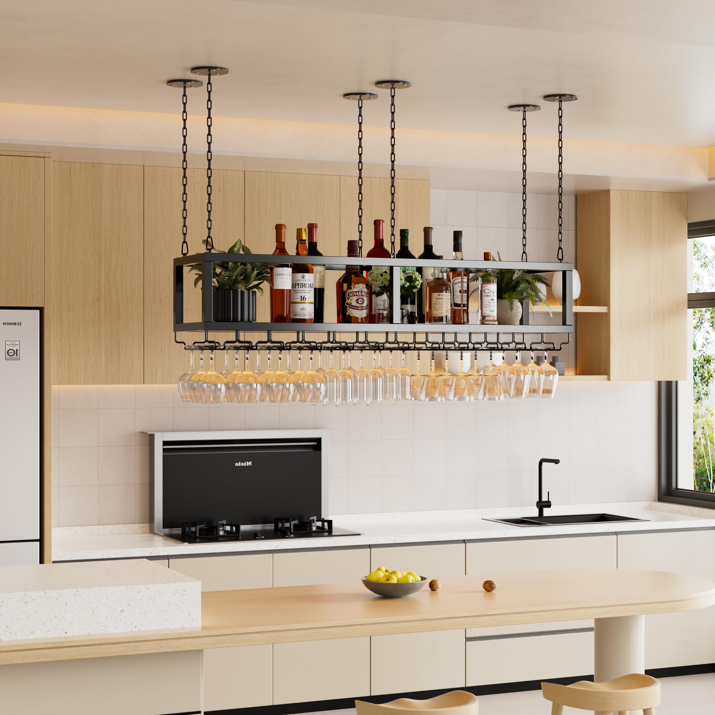 MSFE Portabottiglie da Soffitto Industriale Mensola da Soffitto Porta Bicchiere da Vino Sospeso Regolabile in Altezza Espositore Portabottiglie per Cucina Bar Caffetteria (120CM)