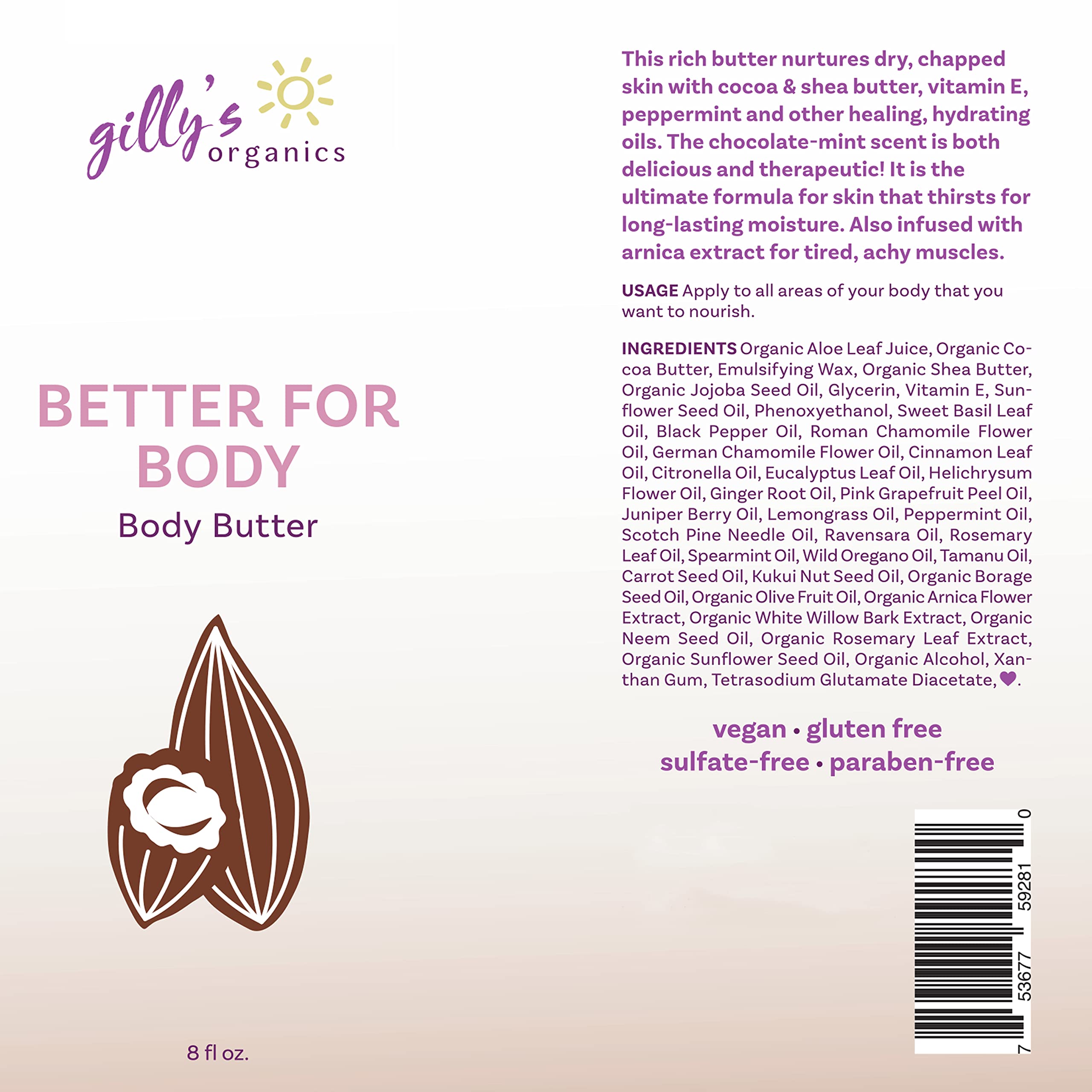 Gilly's Organics Made in USA Chocolate Mint Body Butter - Organic Moisturizing Cream with Shea, Cocoa Butter, Vitamin E & Arnica – Nourishing Lotion for Dry Skin, Delicious Choco Mint Scent, 8 fl oz
