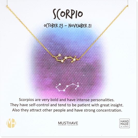 Zodiac 18K Gold Plated CZ Necklace With Message Card, Yellow Gold Color, Anchor Chain, Best Gift Necklace, Size 16 inch + 2 inch Extender, Pendant, Constellation, Gift Card