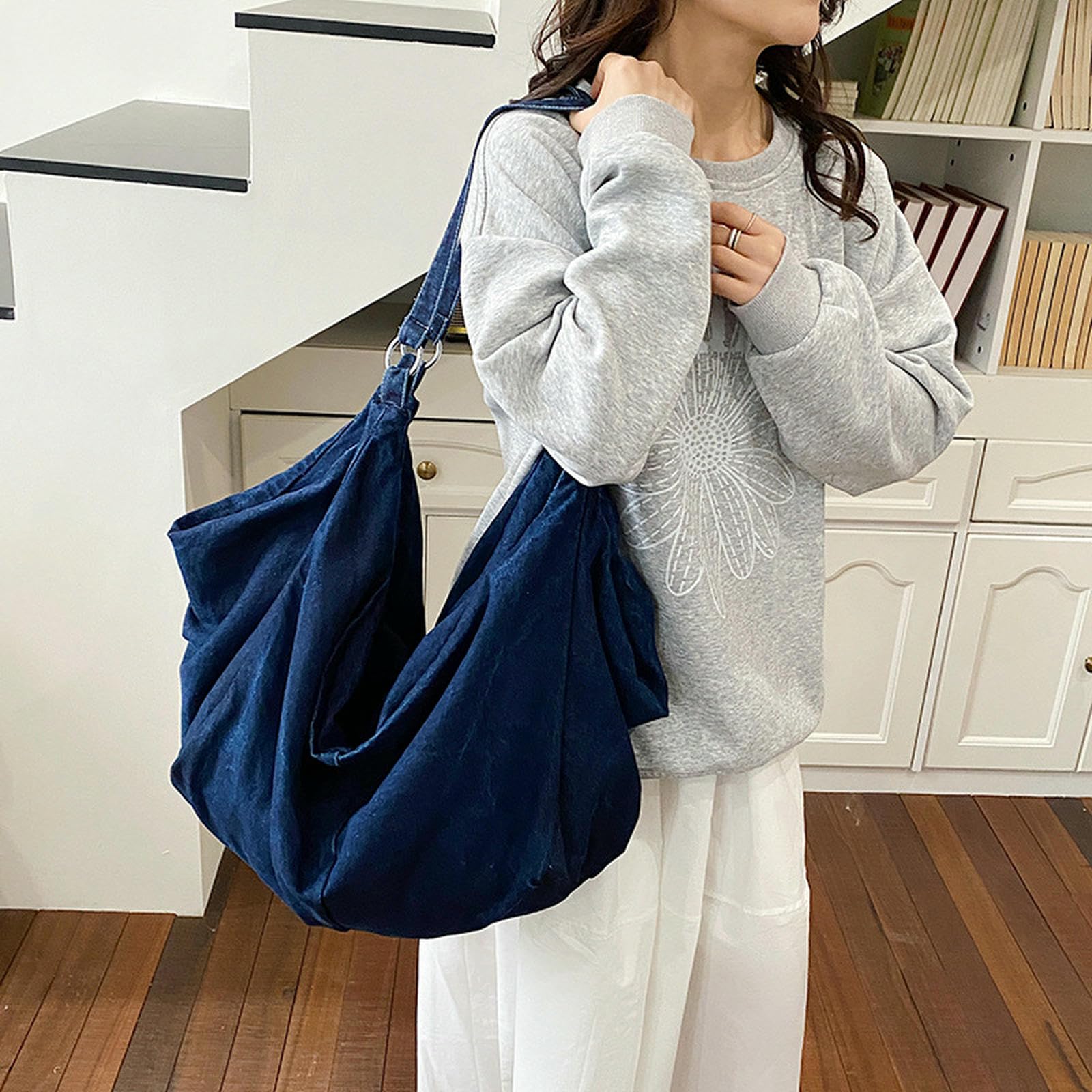 Borsa Donna in Denim per Ravioli retrò Moda Semplice Casual Pieghettata Studenti-Nero